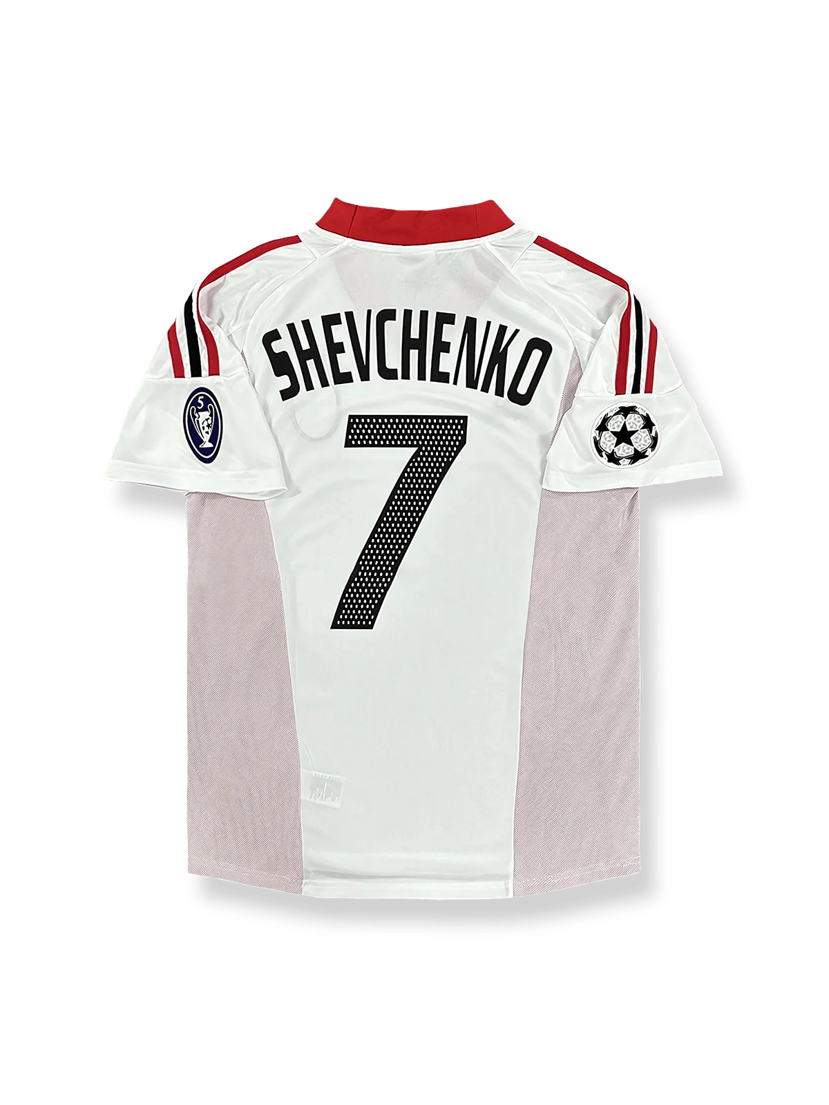2002-03シーズンUEFAチャンピオンズリーグ版ACミランユニフォーム アンドリー・シェフチェンコ 背番号7 赤黒縦縞 白アクセント クラブエンブレム刺繍