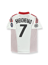 2002-03シーズンUEFAチャンピオンズリーグ版ACミランユニフォーム アンドリー・シェフチェンコ 背番号7 赤黒縦縞 白アクセント クラブエンブレム刺繍