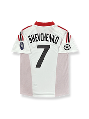 2002-03シーズンUEFAチャンピオンズリーグ版ACミランユニフォーム アンドリー・シェフチェンコ 背番号7 赤黒縦縞 白アクセント クラブエンブレム刺繍