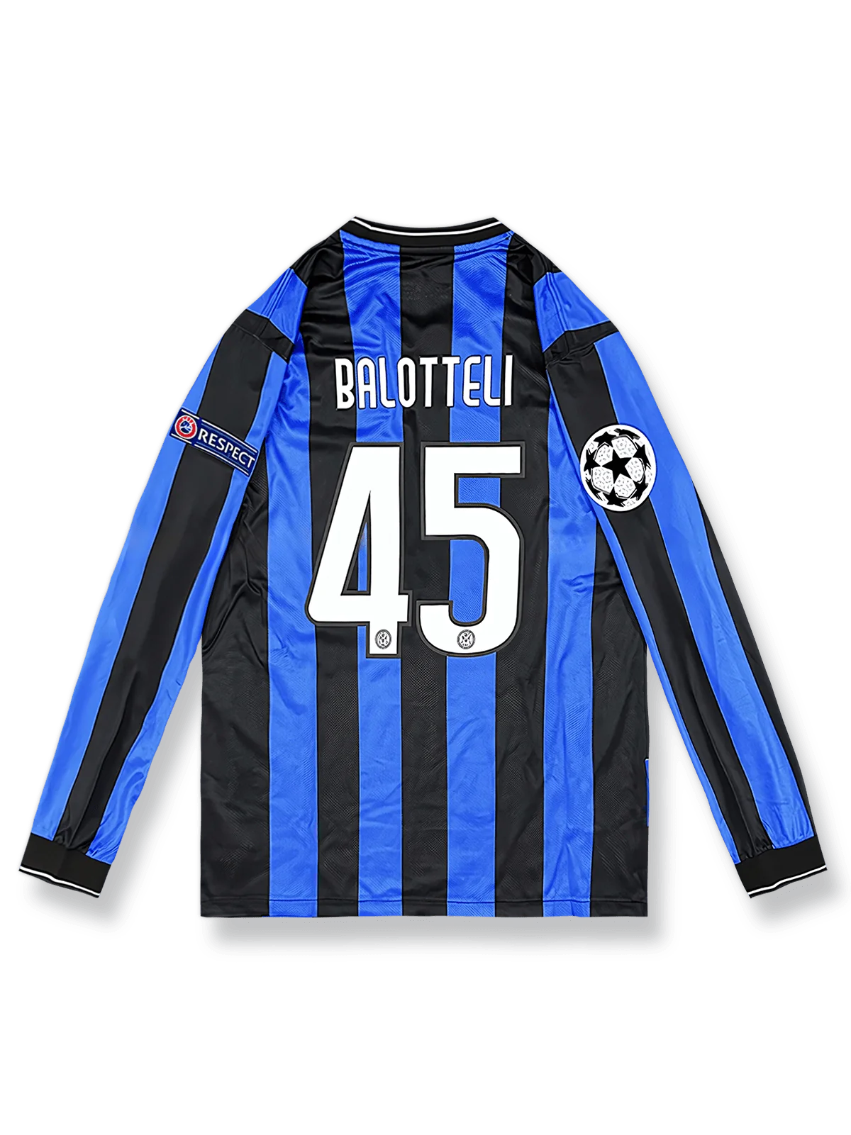 2009-10シーズンUEFAチャンピオンズリーグインテル・ミラノホームユニフォーム マリオ・バロテッリ 背番号45 黒青縦縞 白アクセント クラブエンブレム刺繍