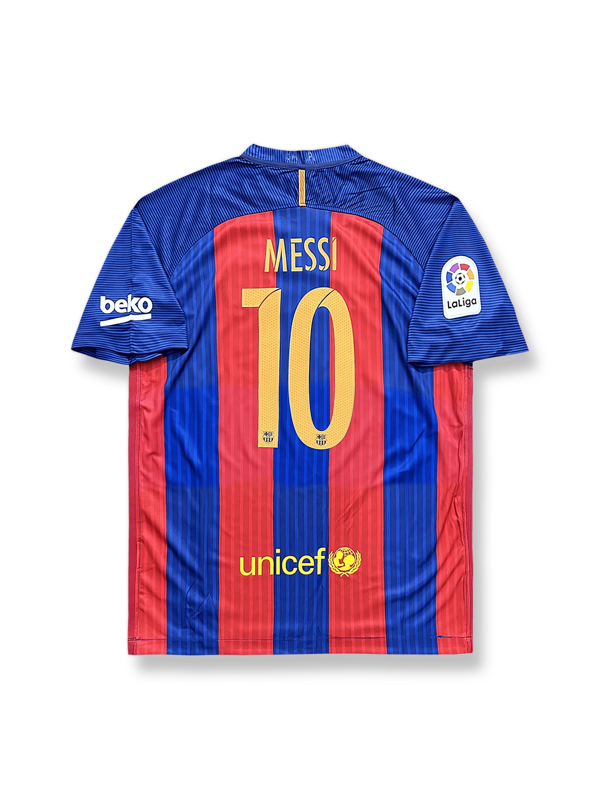 2016-17シーズンFCバルセロナホームユニフォーム リオネル・メッシ 背番号10 赤青縦縞 クラブエンブレム刺繍