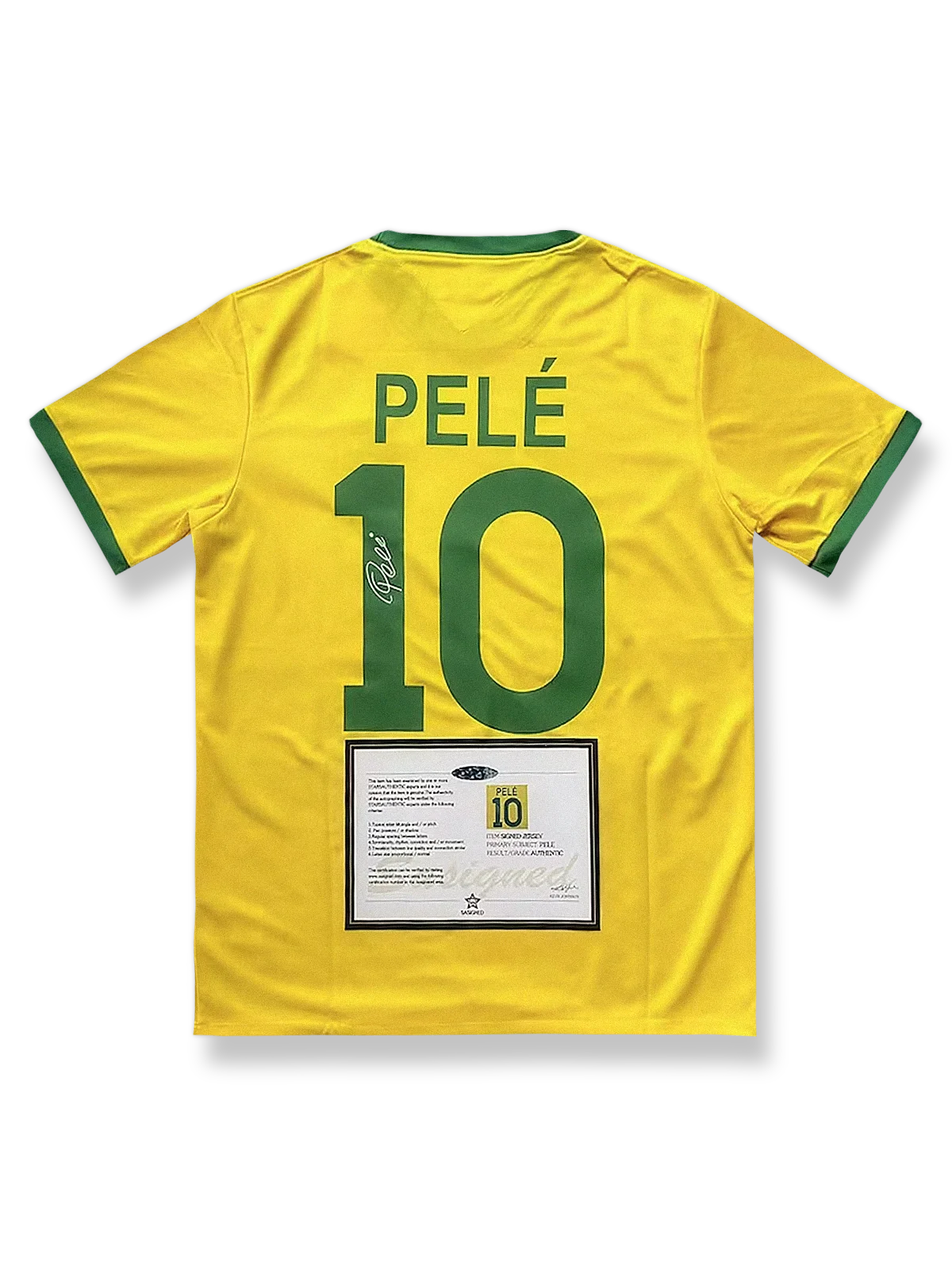 1970年メキシコワールドカップブラジルホームユニフォーム ペレ サインプリント 黄色 緑アクセント エンブレム刺繍付き