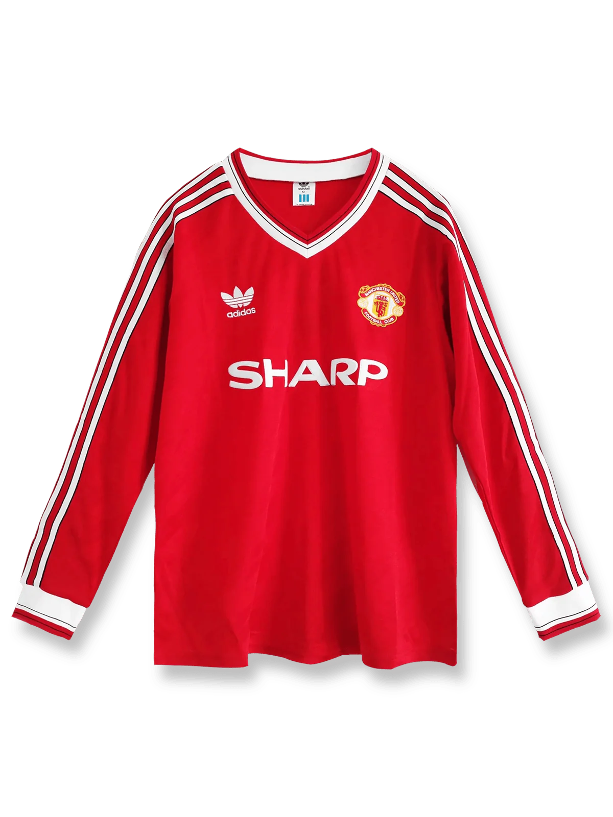 1986/88シーズンのマンチェスター・ユナイテッドのホームレッド長袖シャツ、シンプルでクラシックなデザインを示す