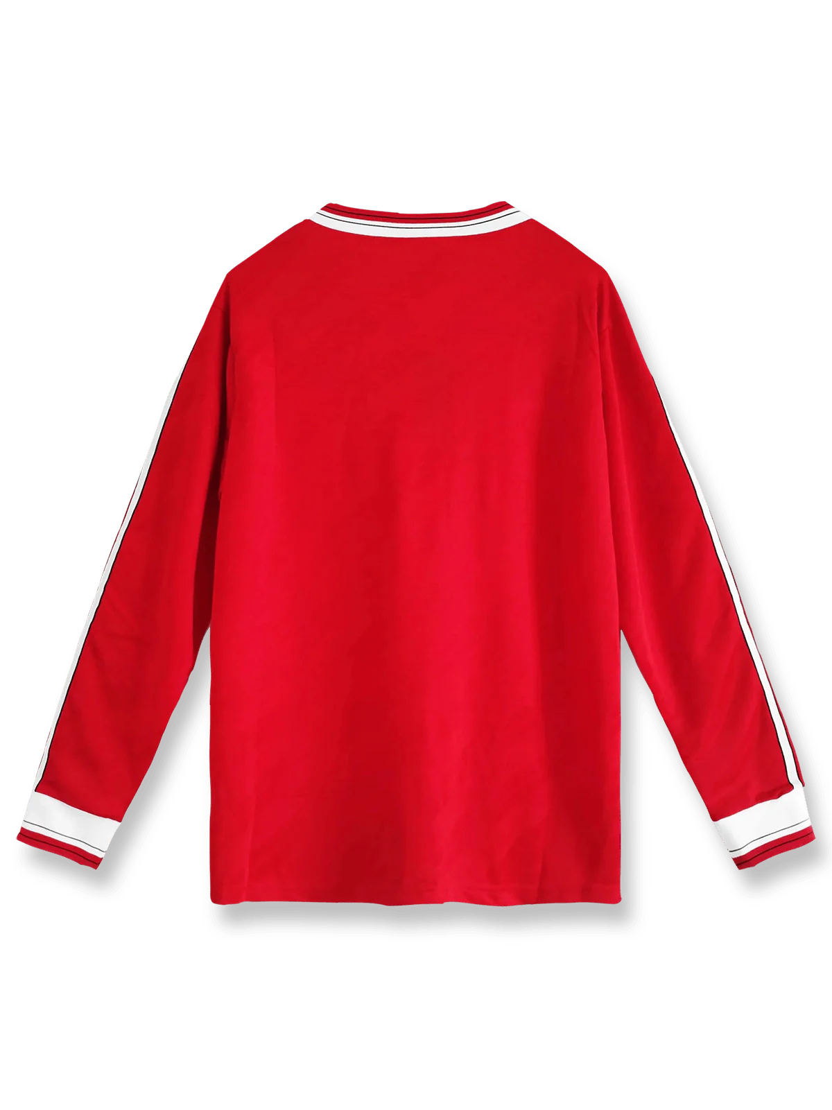 1986/88シーズンのマンチェスター・ユナイテッドのホームレッド長袖シャツ、シンプルでクラシックなデザインを示す