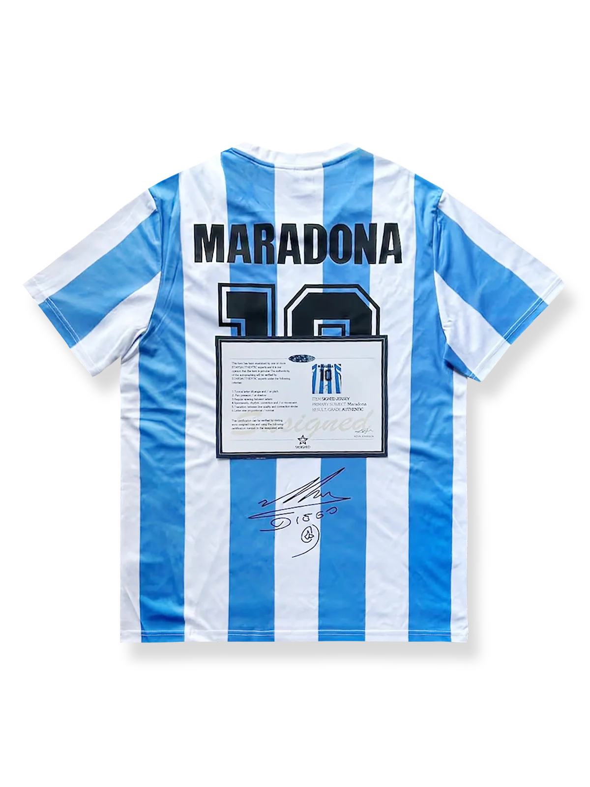 1986年メキシコワールドカップアルゼンチンホームユニフォーム ディエゴ・マラドーナ サインプリント 水色白縦縞 エンブレム刺繍付き