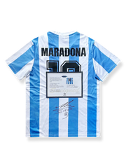 1986年メキシコワールドカップアルゼンチンホームユニフォーム ディエゴ・マラドーナ サインプリント 水色白縦縞 エンブレム刺繍付き