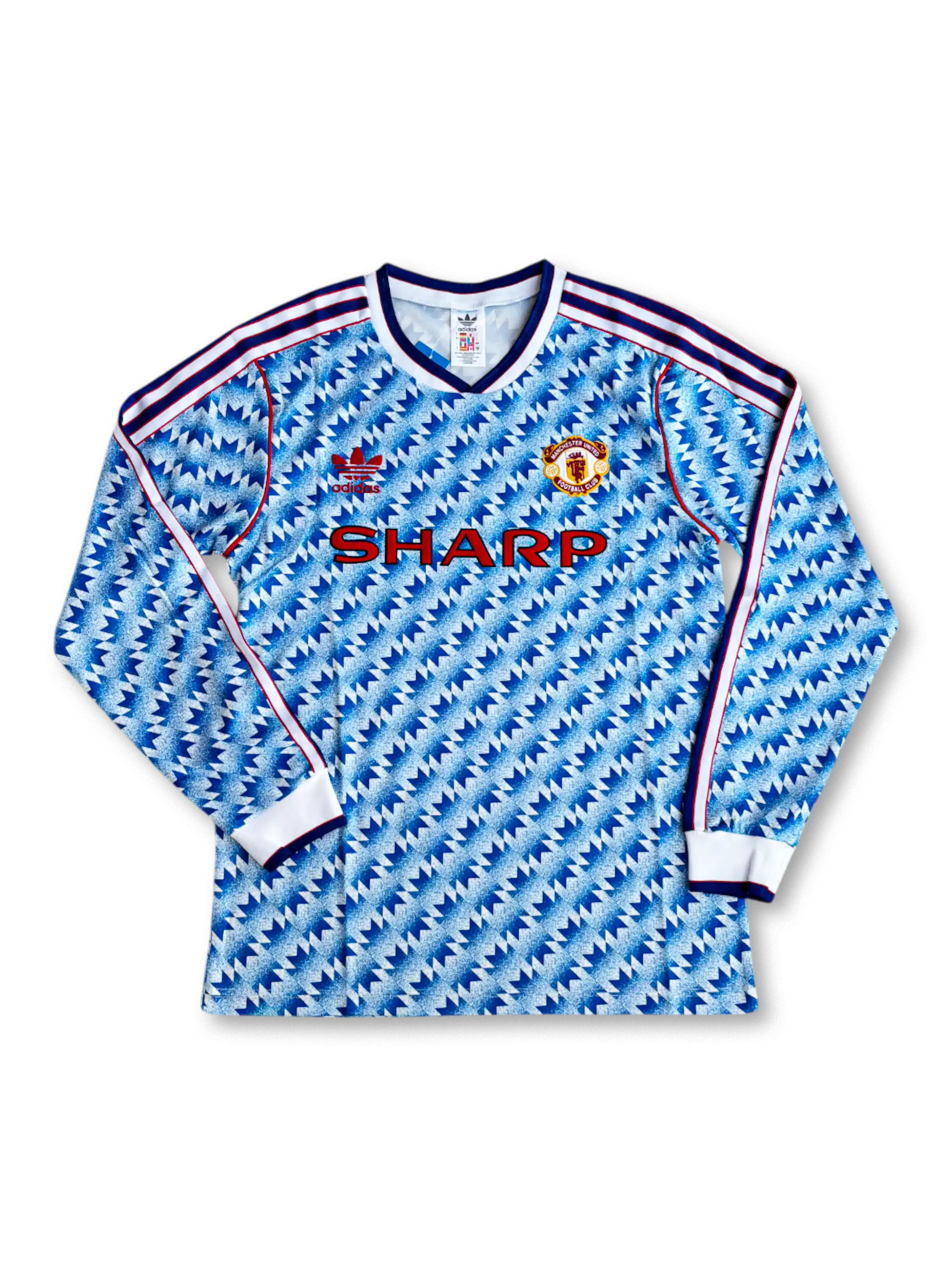 1990-92 マンチェスター・ユナイテッド アウェイ 長袖 ユニフォーム 正面デザイン 雪柄ブルー