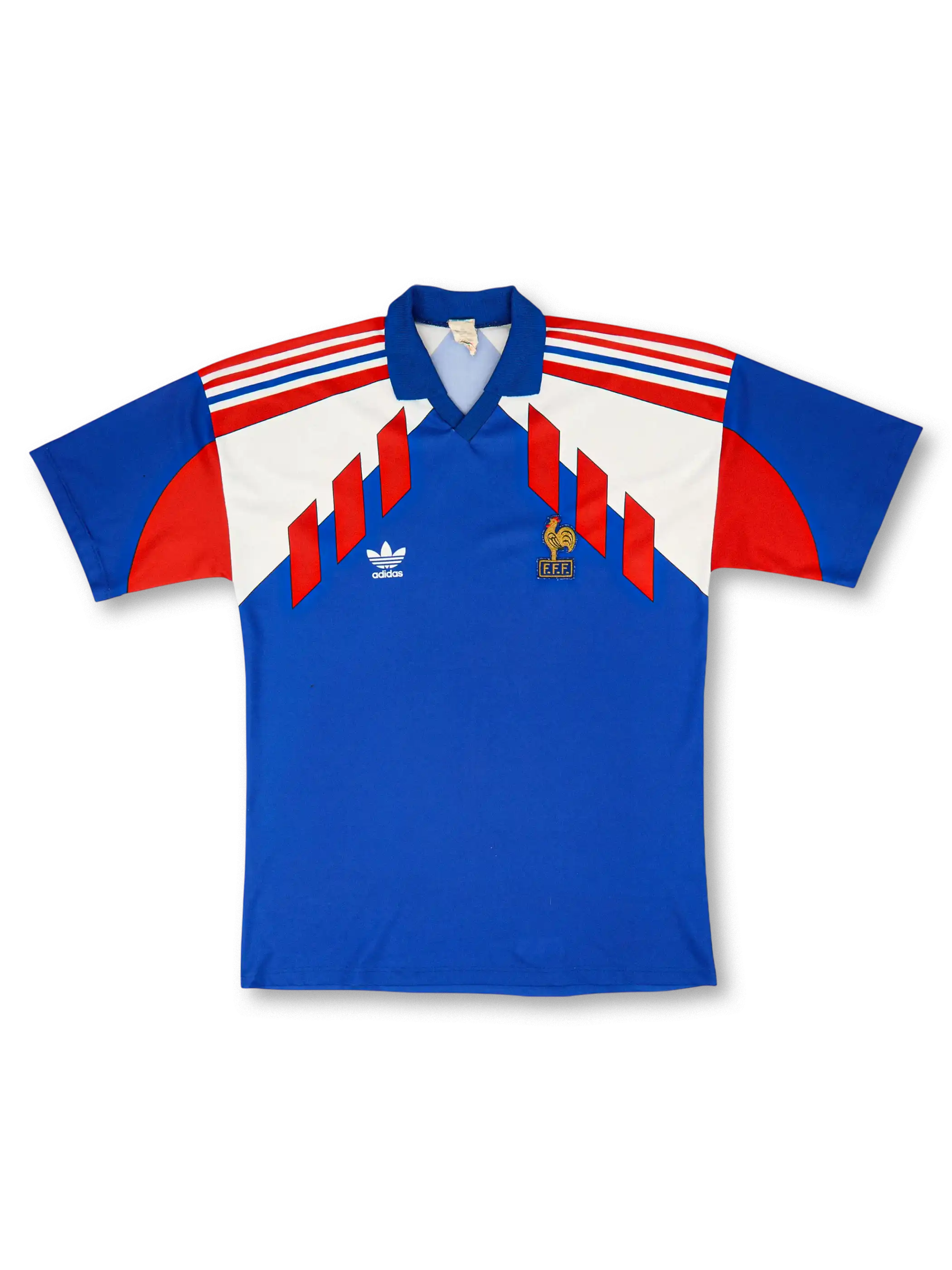 1990–92年フランス代表ホームジャージ、トリコロールを胸にあしらったクラシックホワイトデザイン。