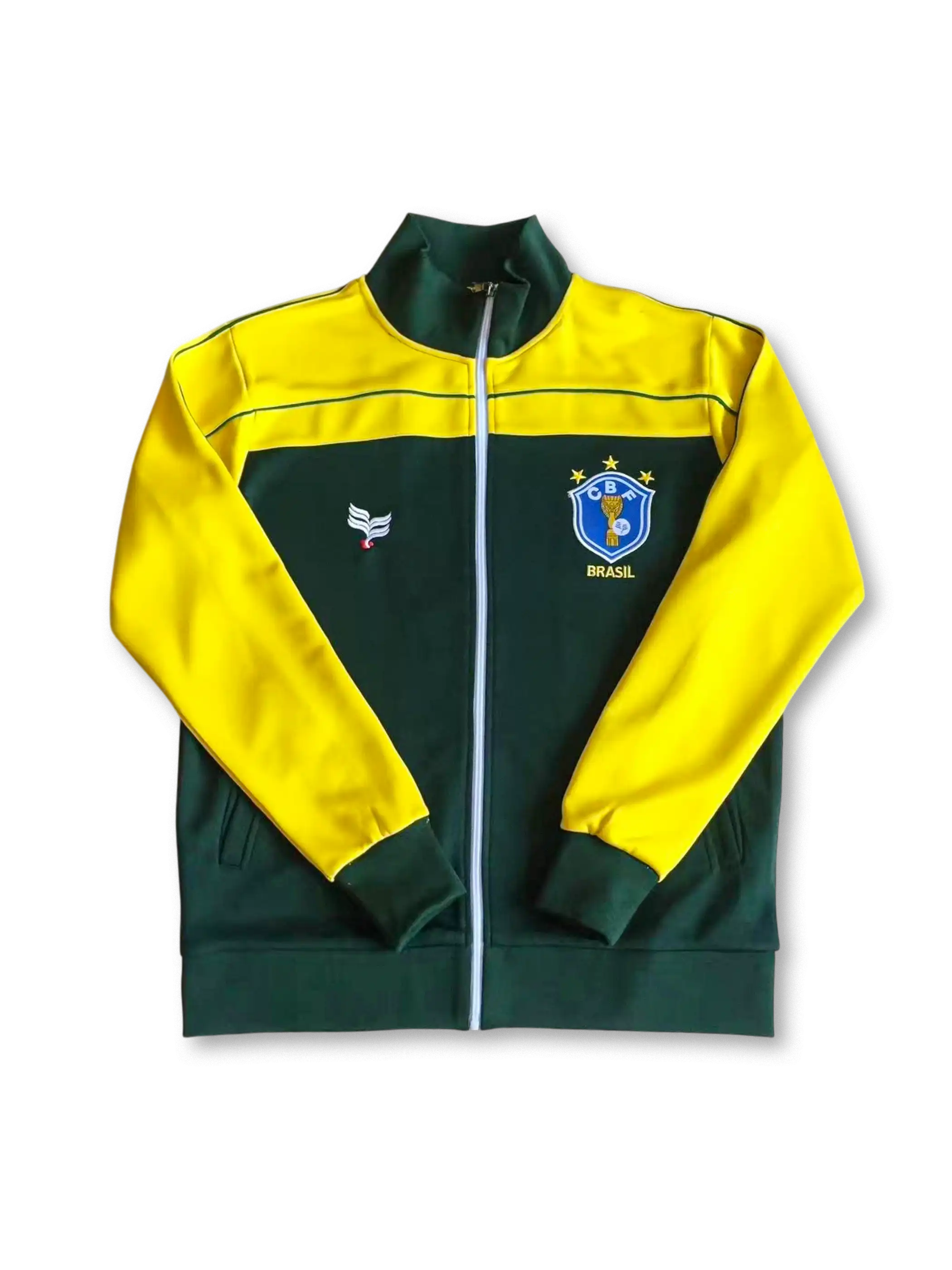1990年代ブラジル代表トラックジャケット 正面、イエロー×グリーン配色と旧CBFロゴ刺繍