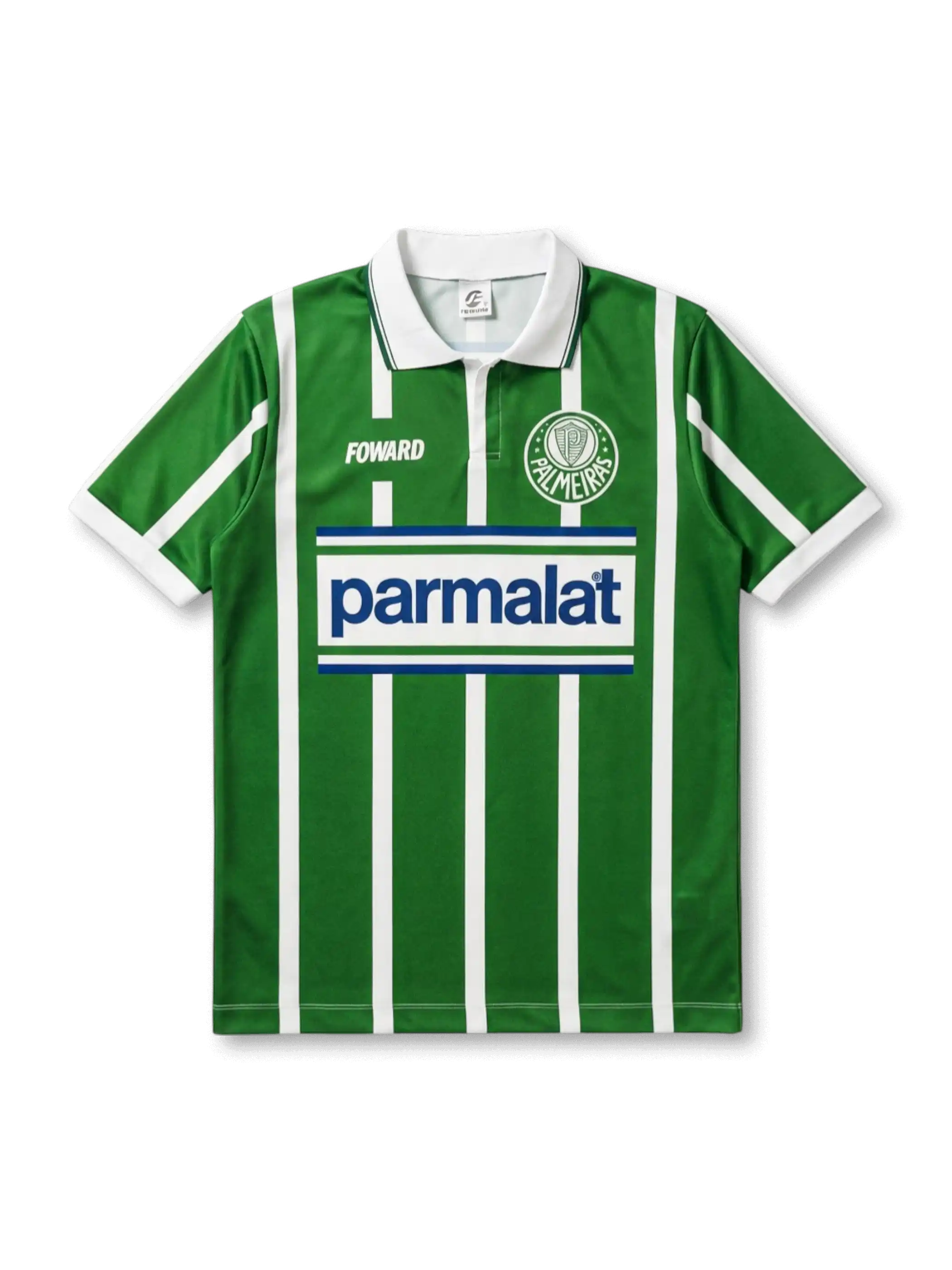1992パルメイラスホーム正面、グリーン×ホワイト縦ストライプ・parmalatスポンサー・円形エンブレム