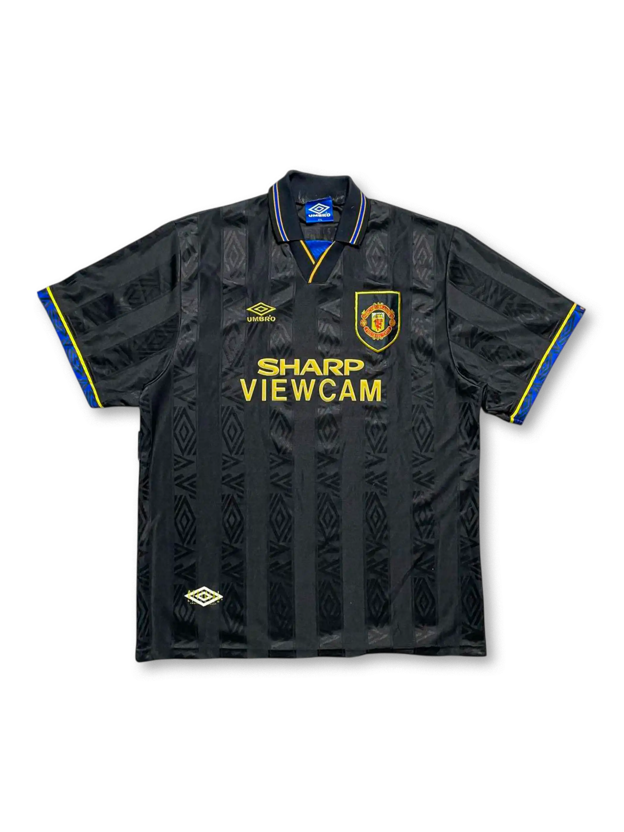1993-95年マンチェスター・ユナイテッドアウェイユニフォーム、カントナ7番、SHARP VIEWCAMスポンサー付きUMBRO製ビンテージサッカージャージ