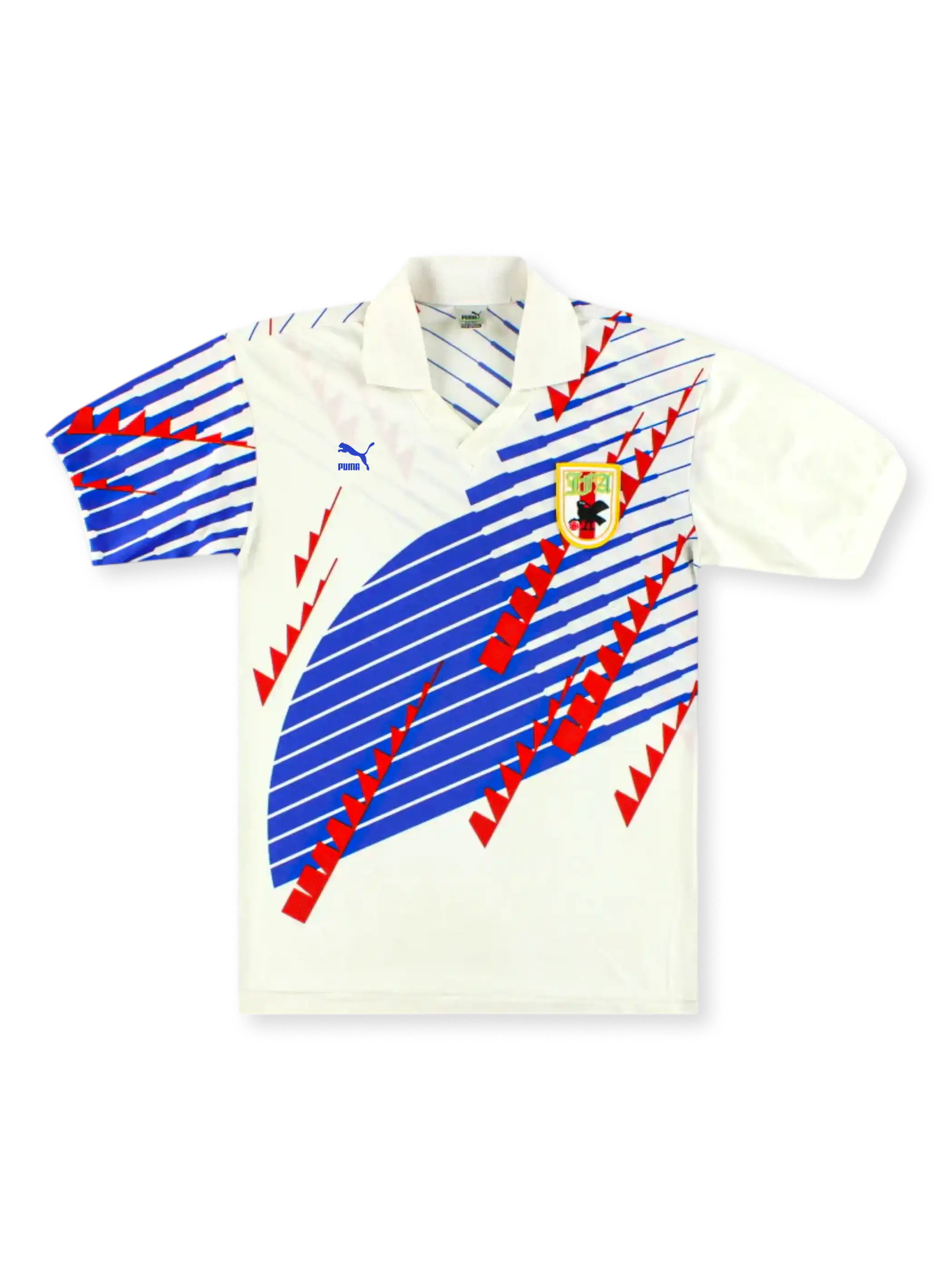 1993年日本代表アウェイジャージ、紺色を基調に日の丸とシンプルラインを配したクリーンデザイン。