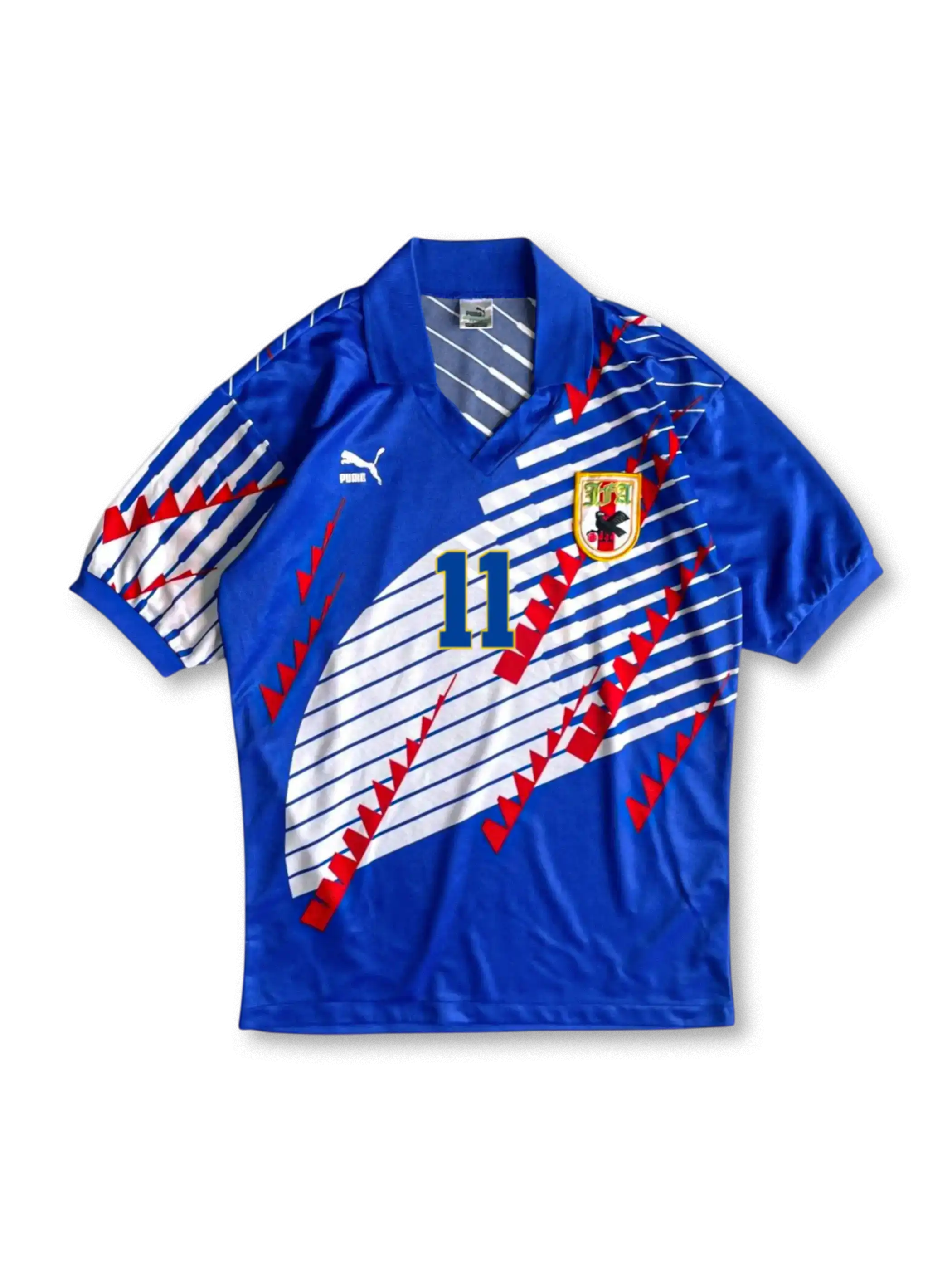 1990年代レトロサッカーユニフォーム。1993年日本代表ホームキット – 三浦知良11番を昇華プリントと高機能素材で再現。