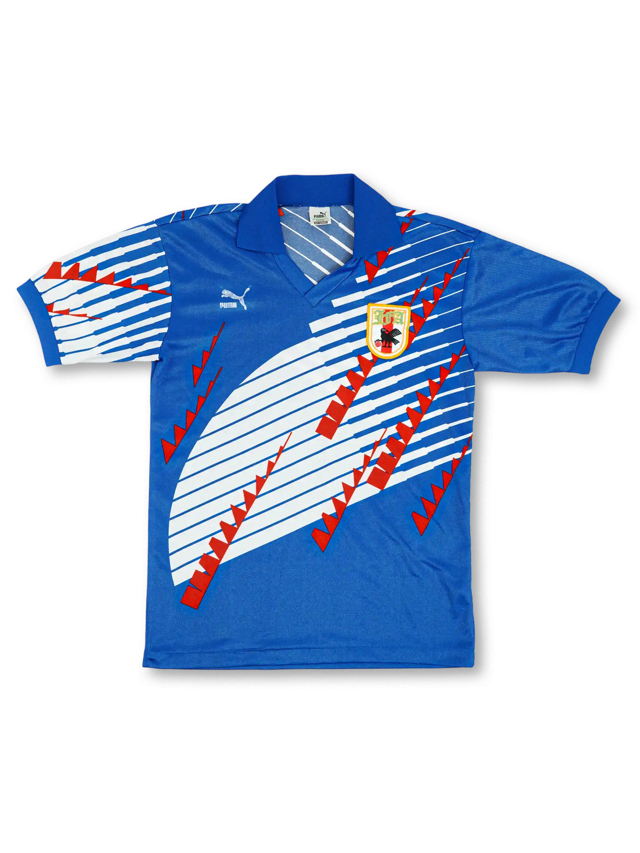 1993年日本代表ホームジャージ、白を基調にリング状のレッドラインと日の丸を胸にあしらったクラシックデザイン。