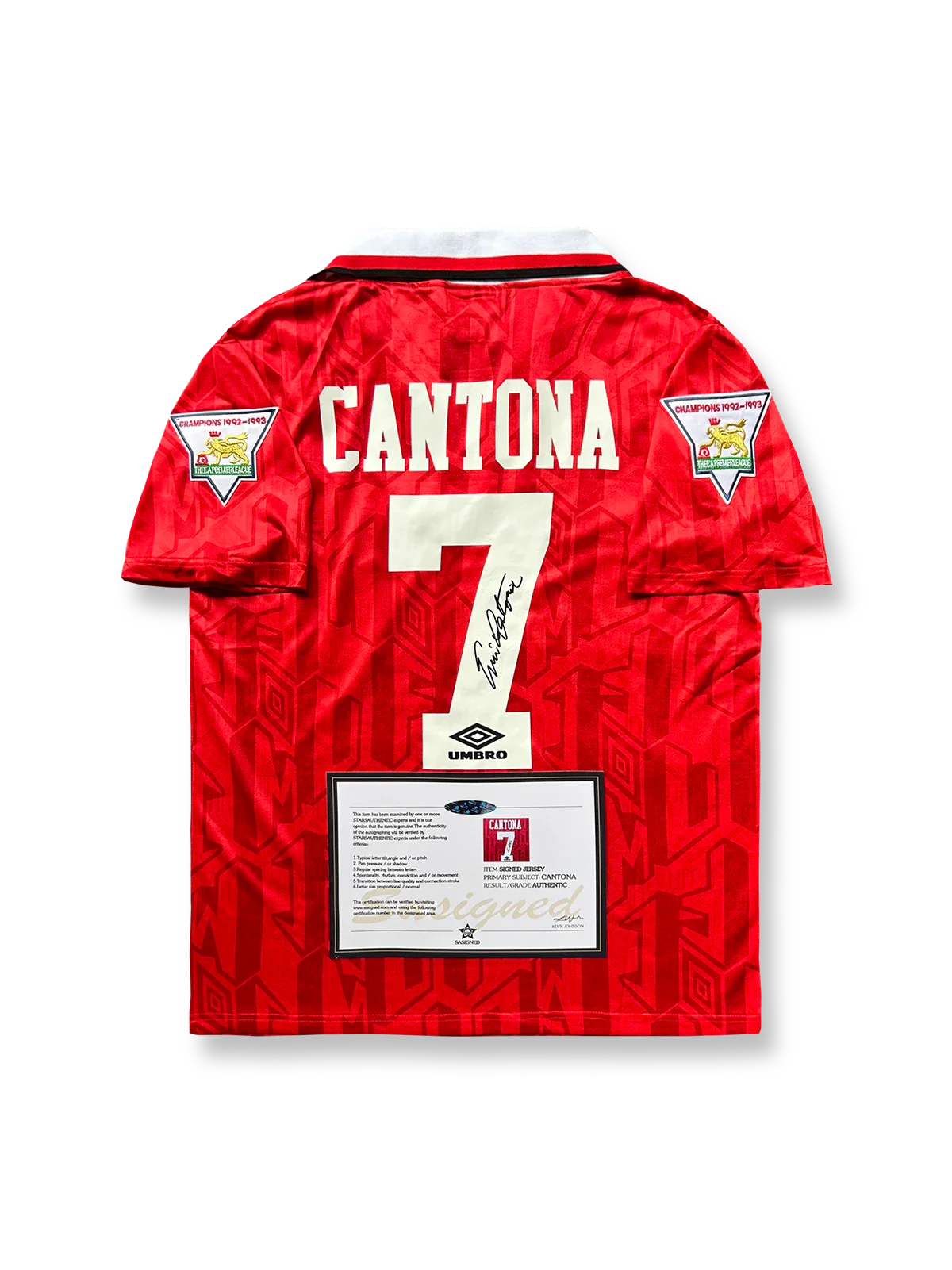 1993-94シーズン マンチェスター・ユナイテッドホームユニフォーム、エリック・カントナサイン入り7番、プレミアリーグ公式試合用デザイン