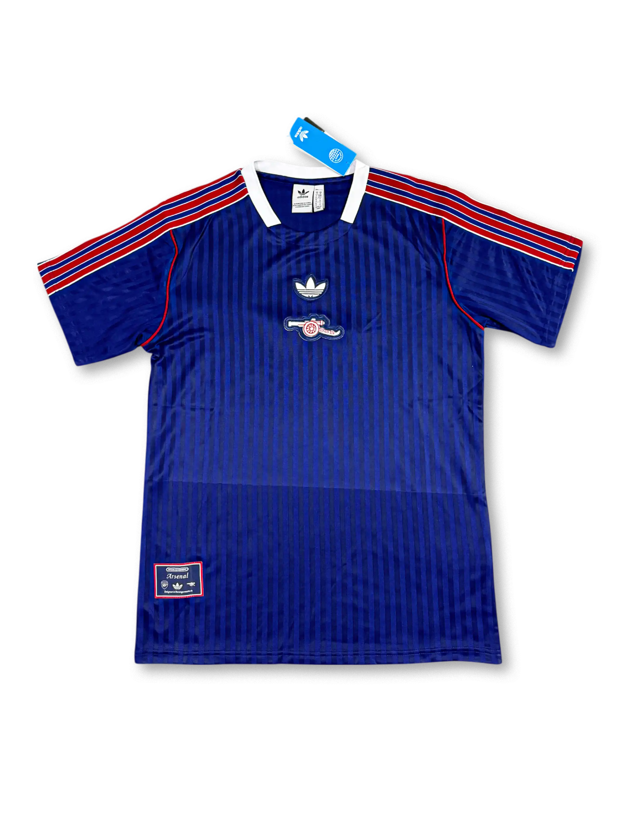 1993年アーセナルアウェイレトロTシャツ、ダークネイビー地にホワイトとレッドのチェッカーボードパターンを配したヴィンテージデザイン。