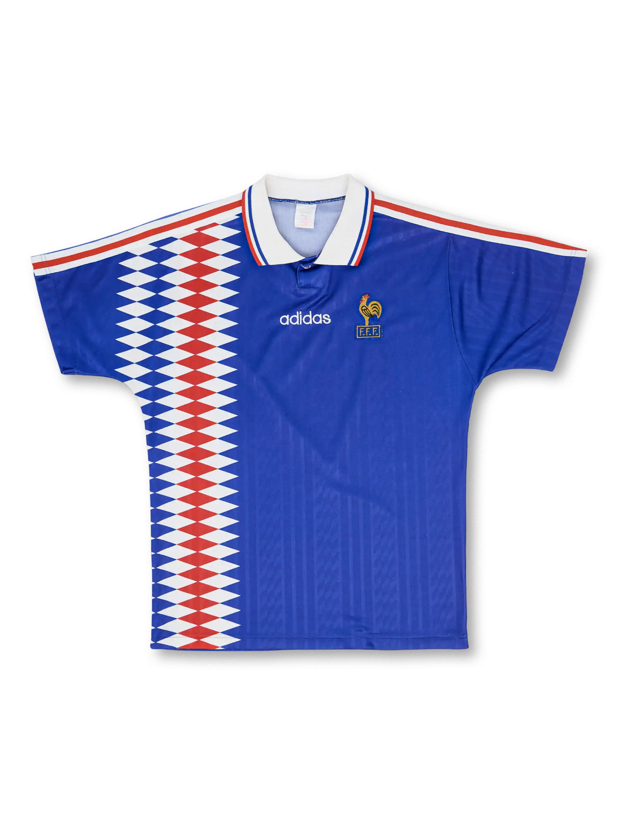 1994–96年フランス代表ホームジャージ、胸に配されたトリコロールストライプとVネックが特徴のクラシックデザイン。