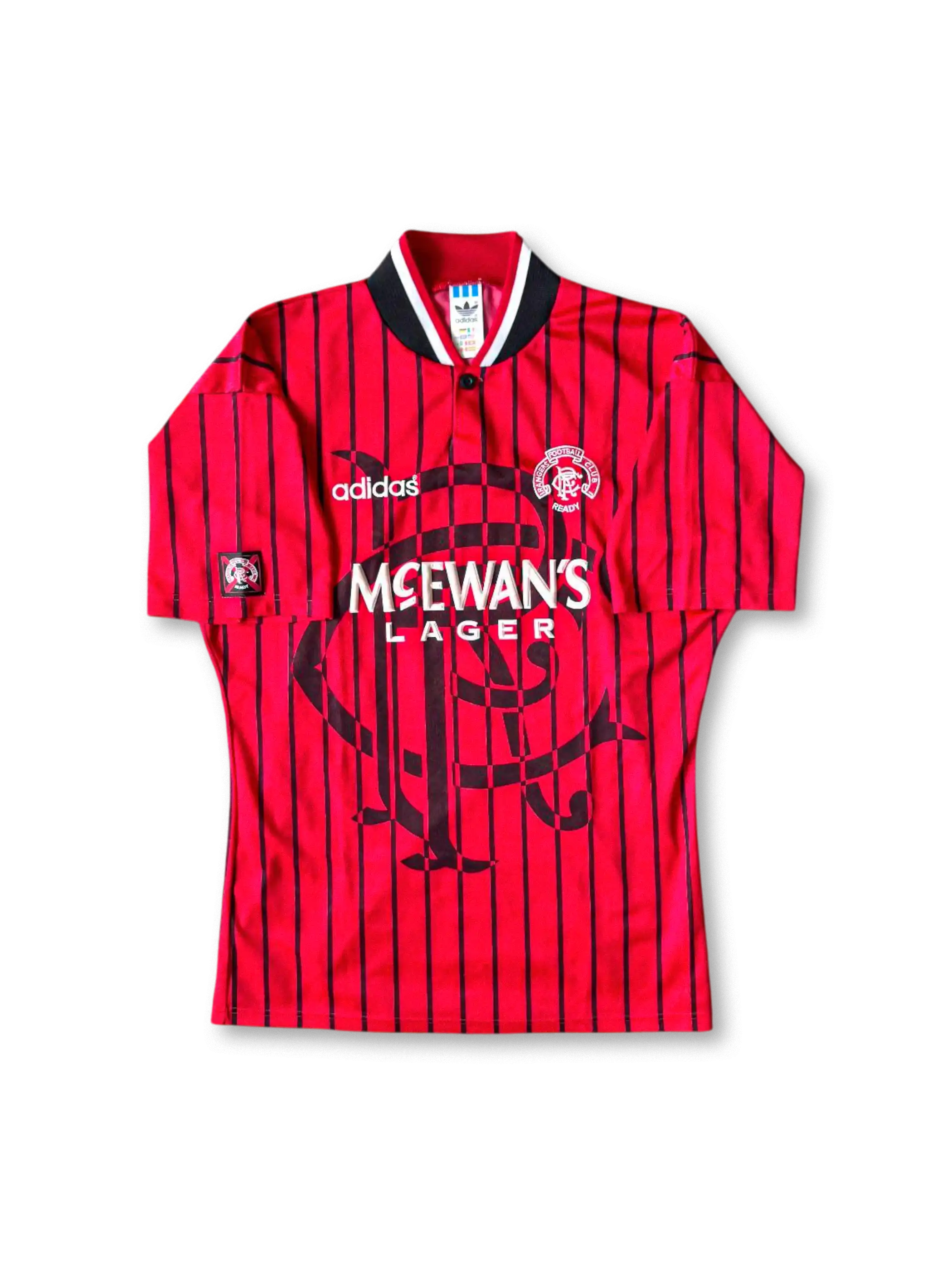 1994-95年レンジャーズ アウェイユニフォーム、赤×黒ピンストライプのビンテージサッカージャージ