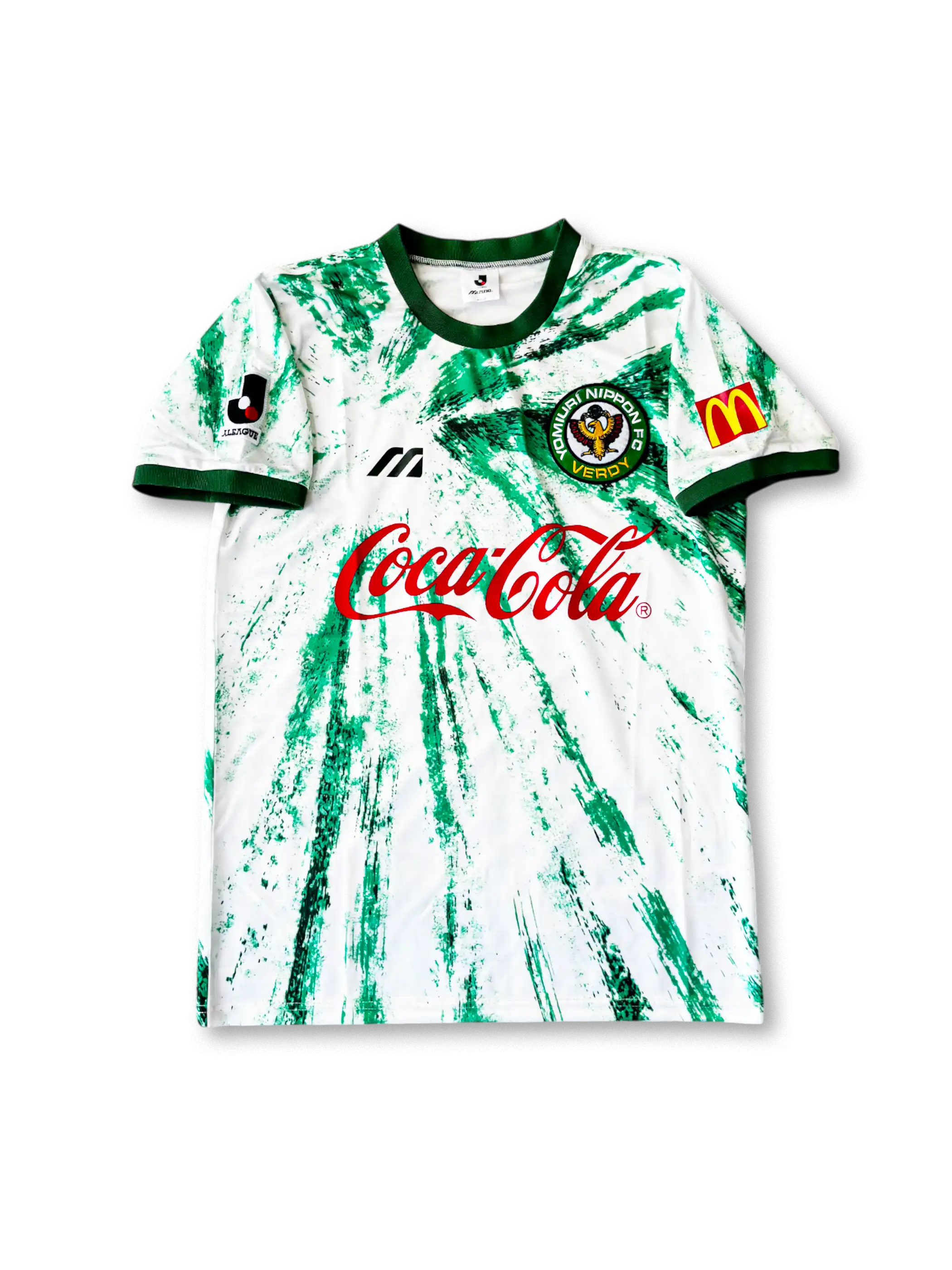 1994年ヴェルディ川崎アウェイユニフォーム、白地に緑の放射デザイン、コカコーラスポンサー付きビンテージサッカージャージ