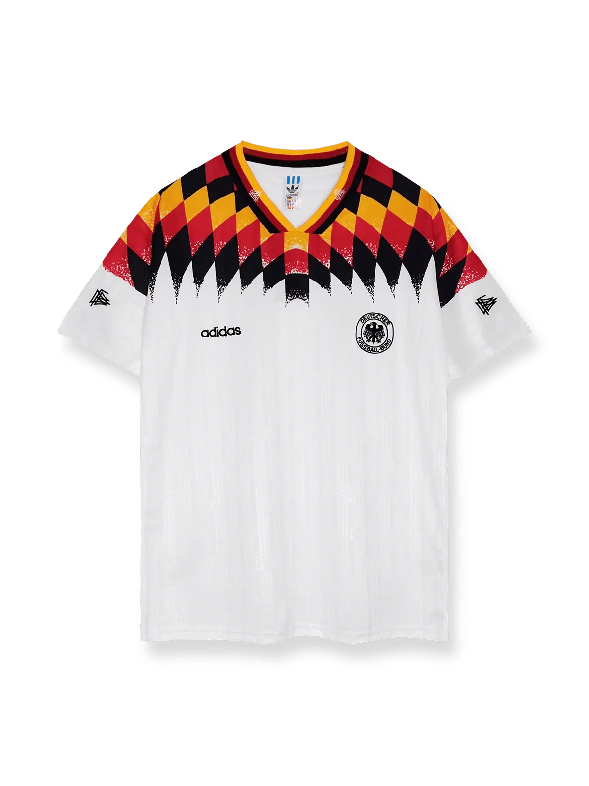 1994年アメリカワールドカップドイツ代表ホームレトロユニフォーム 白地 黒赤アクセント クラシックエンブレム刺繍
