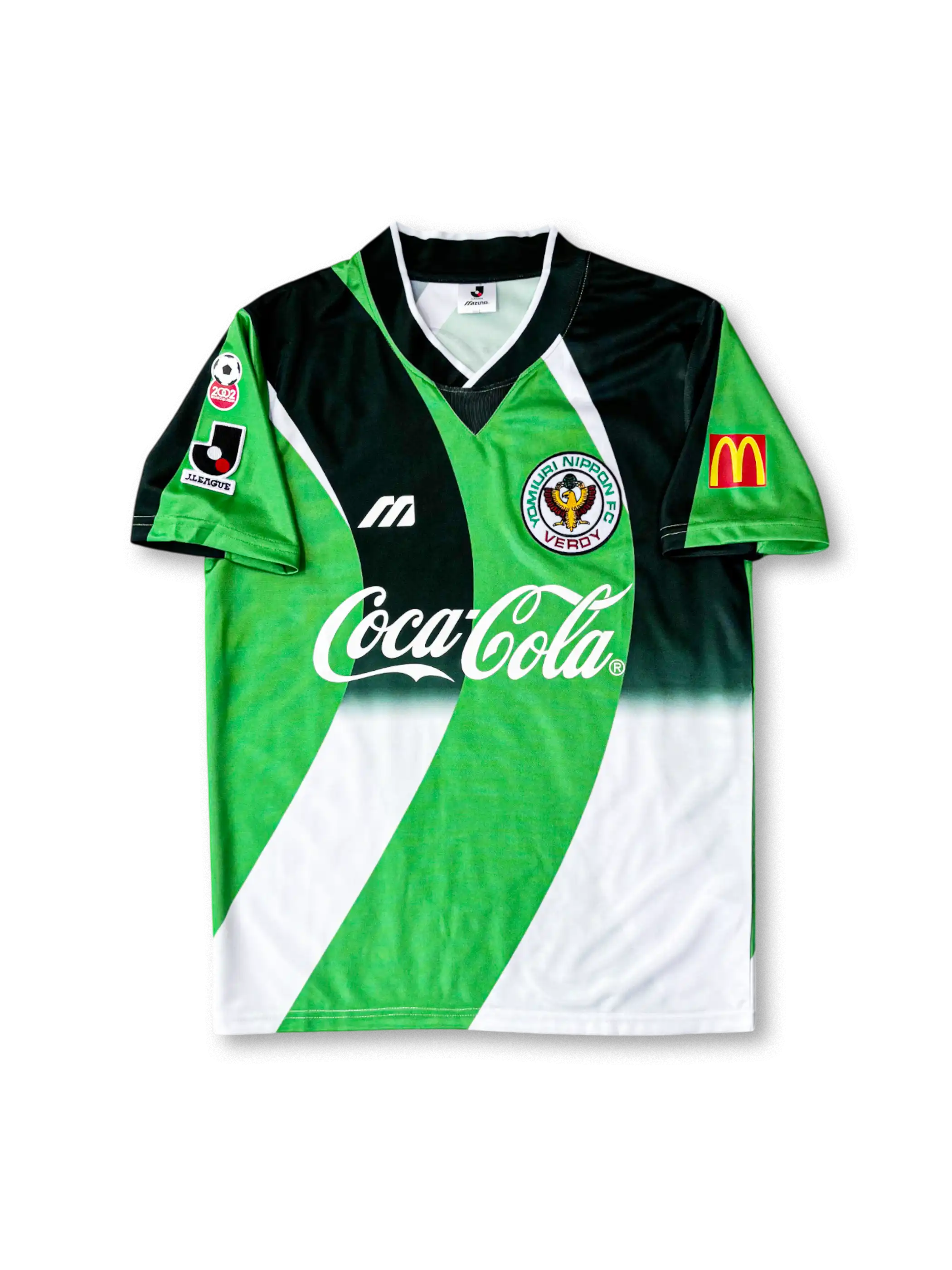 1995年ヴェルディ川崎 ホームユニフォーム 正面、Coca-Colaロゴ入り 緑×白グラデーションデザイン
