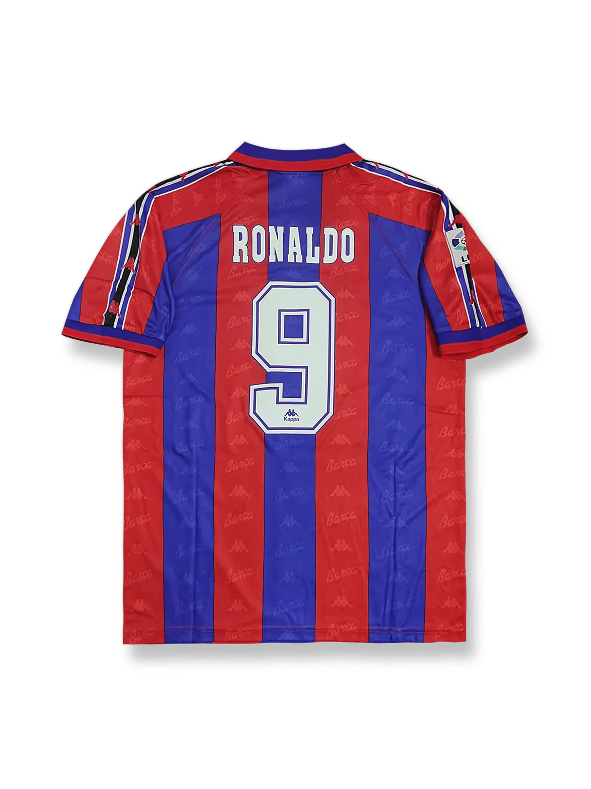 1996-97シーズンFCバルセロナホームユニフォーム ロナウド #9 赤青縦縞 ナイキ刺繍スウッシュ&クラブエンブレム付き