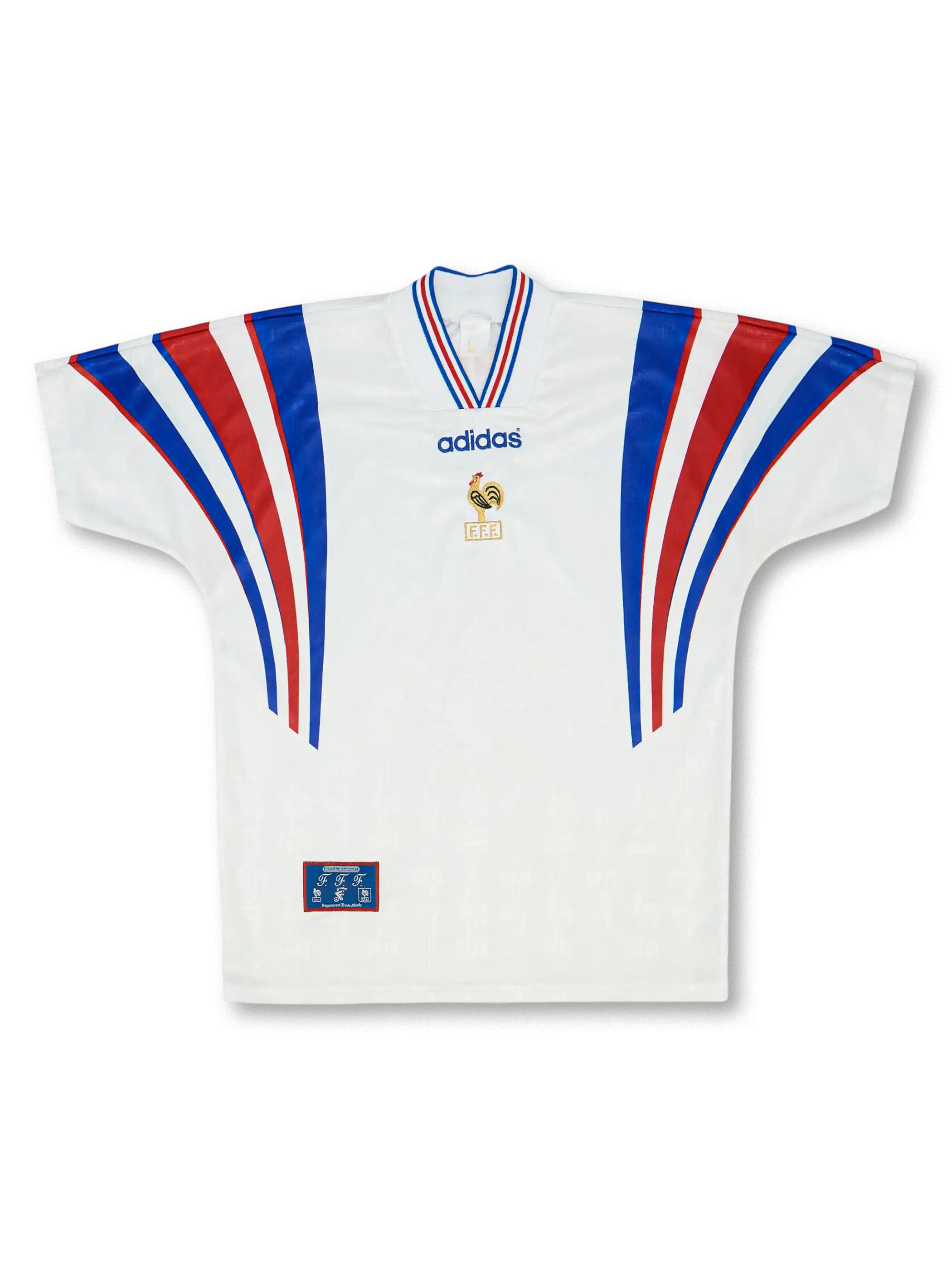 1996–98年フランス代表アウェイジャージ、ダークネイビーにトリコロールのパイピングを施したクラシックデザインで世界舞台を駆け抜けた一着。