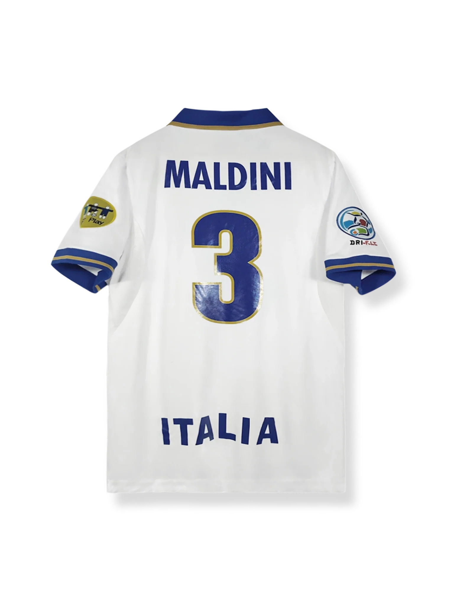1996年イタリア代表アウェイユニフォーム パオロ・マルディーニ 背番号3 白 ブルーアクセント クラシックエンブレム刺繍