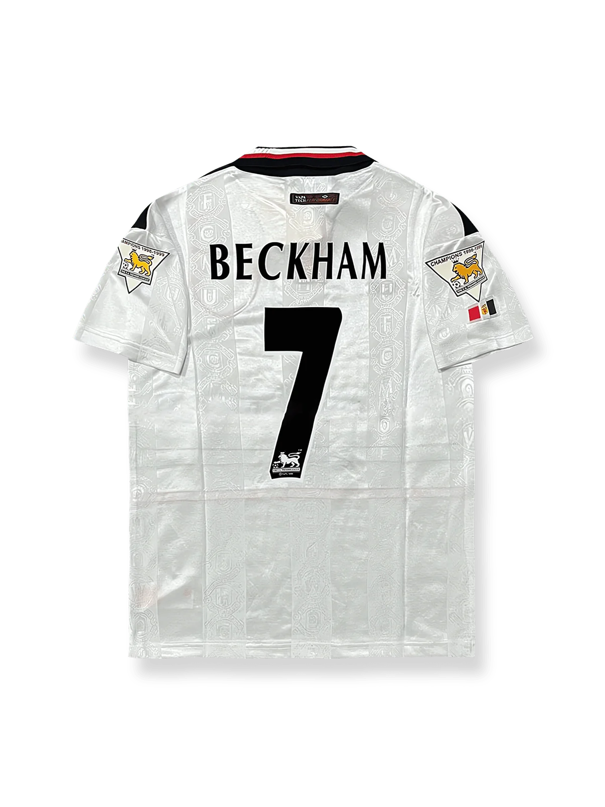 1998–99シーズン マンチェスター・ユナイテッド トレブル アウェイユニフォーム ベッカム 7番 クラシックホワイト&ブラックアクセントデザイン