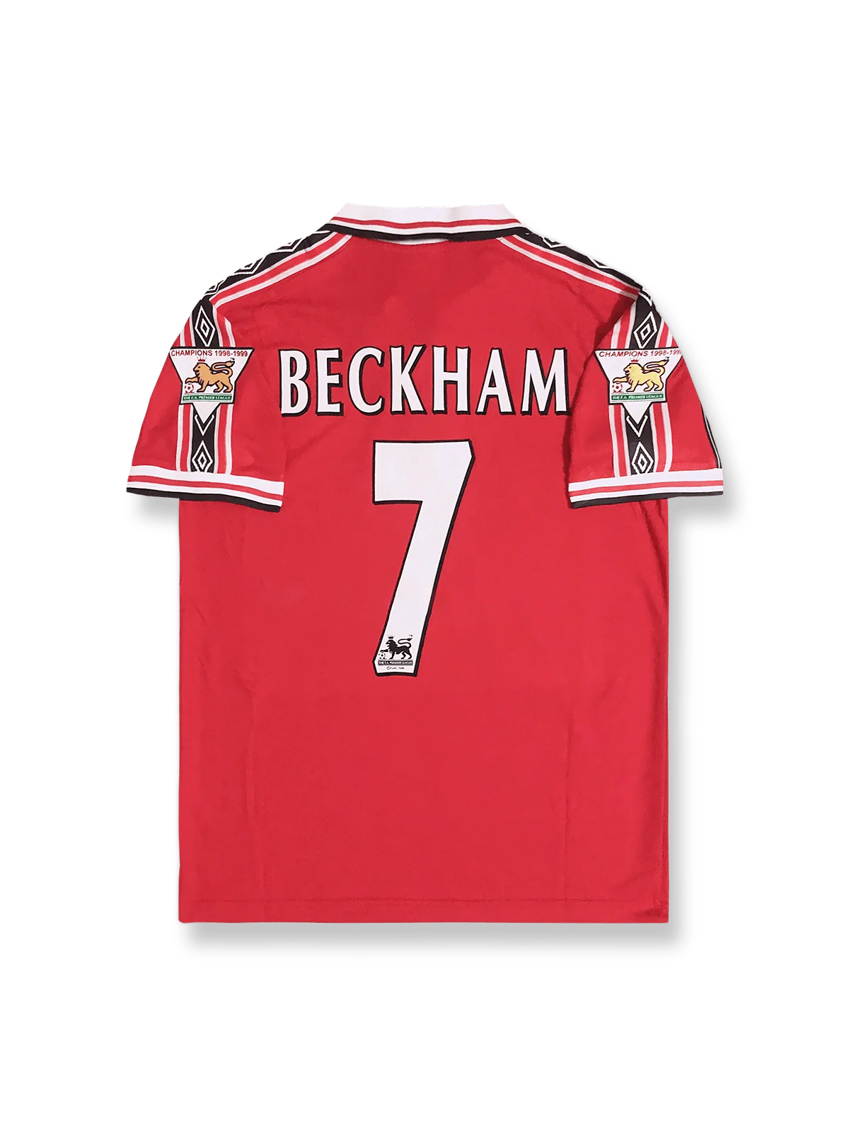 1998–99シーズン マンチェスター・ユナイテッド トレブル ホームユニフォーム ベッカム 7番 クラシックレッド&ホワイトストライプデザイン