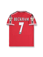 1998–99シーズン マンチェスター・ユナイテッド トレブル ホームユニフォーム ベッカム 7番 クラシックレッド&ホワイトストライプデザイン