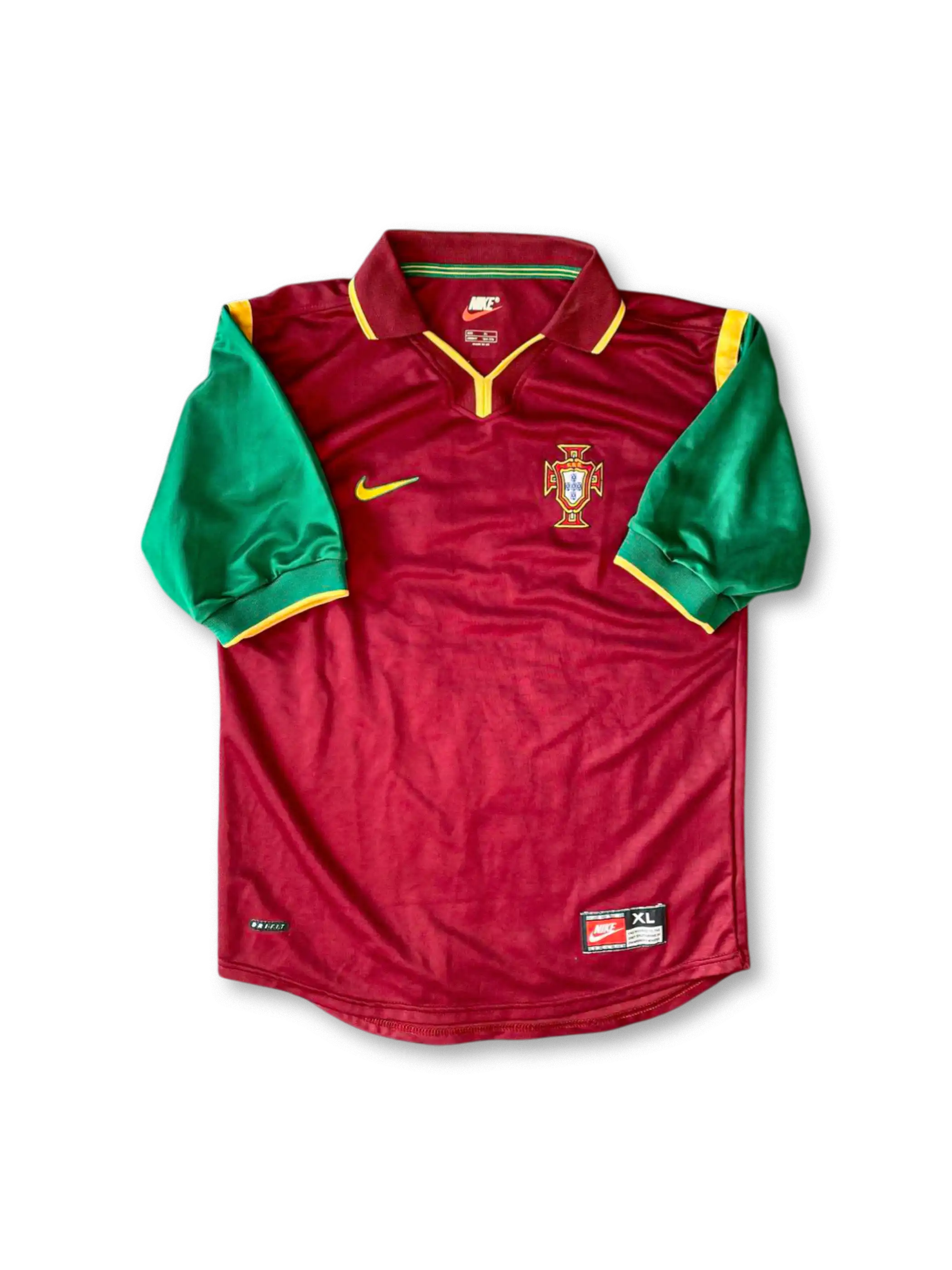 Close-up of embroidered crest on 1998-99 Portugal retro football jersey