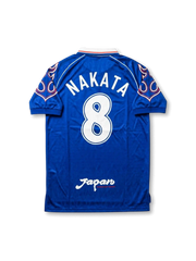 1998年日本代表ホームジャージ 中田英寿8番 フロント、ブルーボディと炎柄スリーブ、JFAエンブレム、フランスW杯表記付き