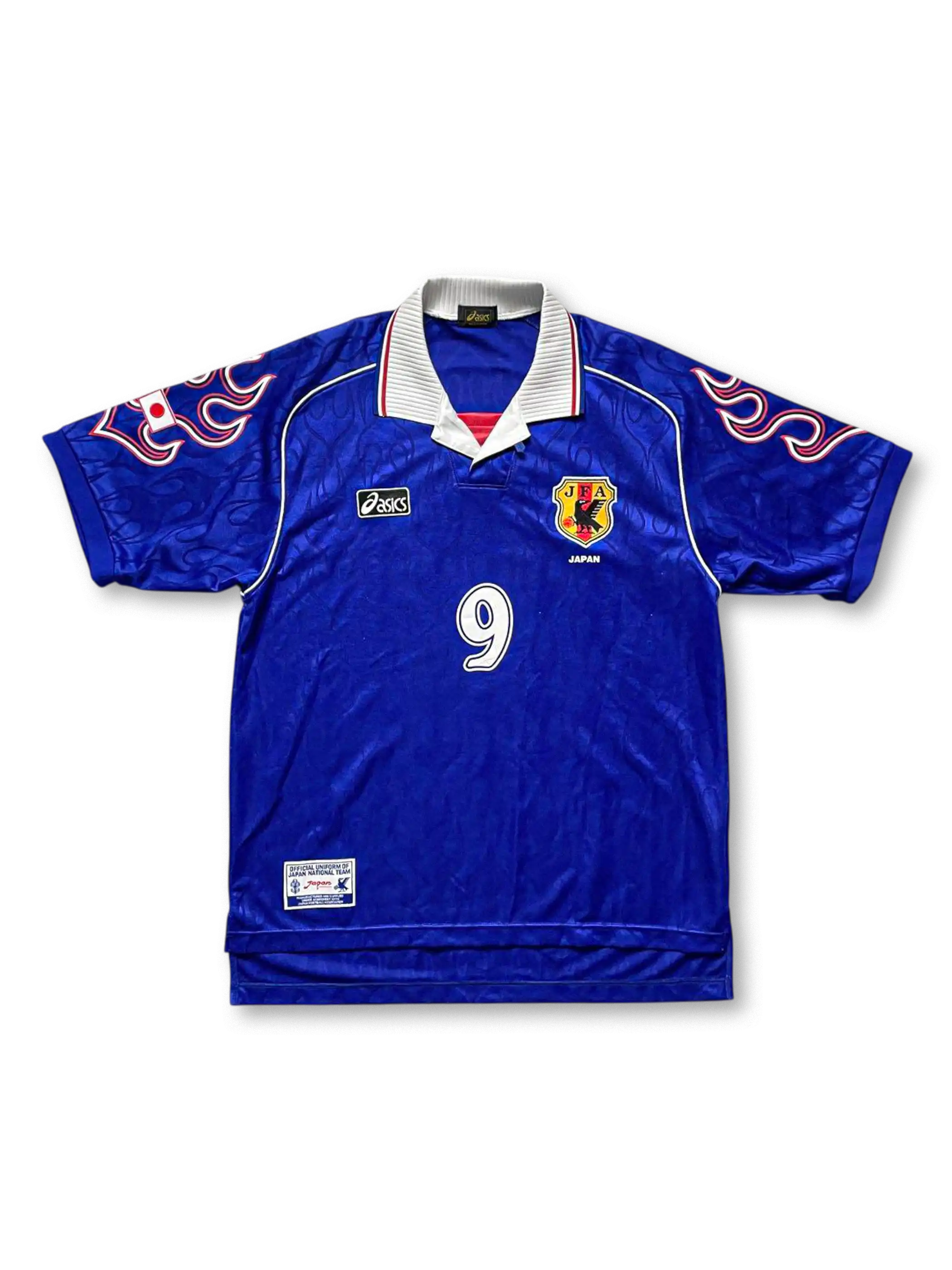 1998年日本代表ホーム中山雅史9番フランスW杯ユニフォーム、炎デザイン、アシックス製ビンテージサッカージャージ