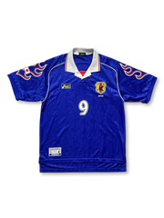 1998年日本代表ホーム中山雅史9番フランスW杯ユニフォーム、炎デザイン、アシックス製ビンテージサッカージャージ