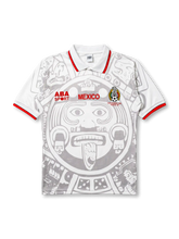 1998メキシコ代表アウェイ正面、ホワイト×アステカ太陽の石グレー全面プリント・赤ポロカラー・FMFエンブレム