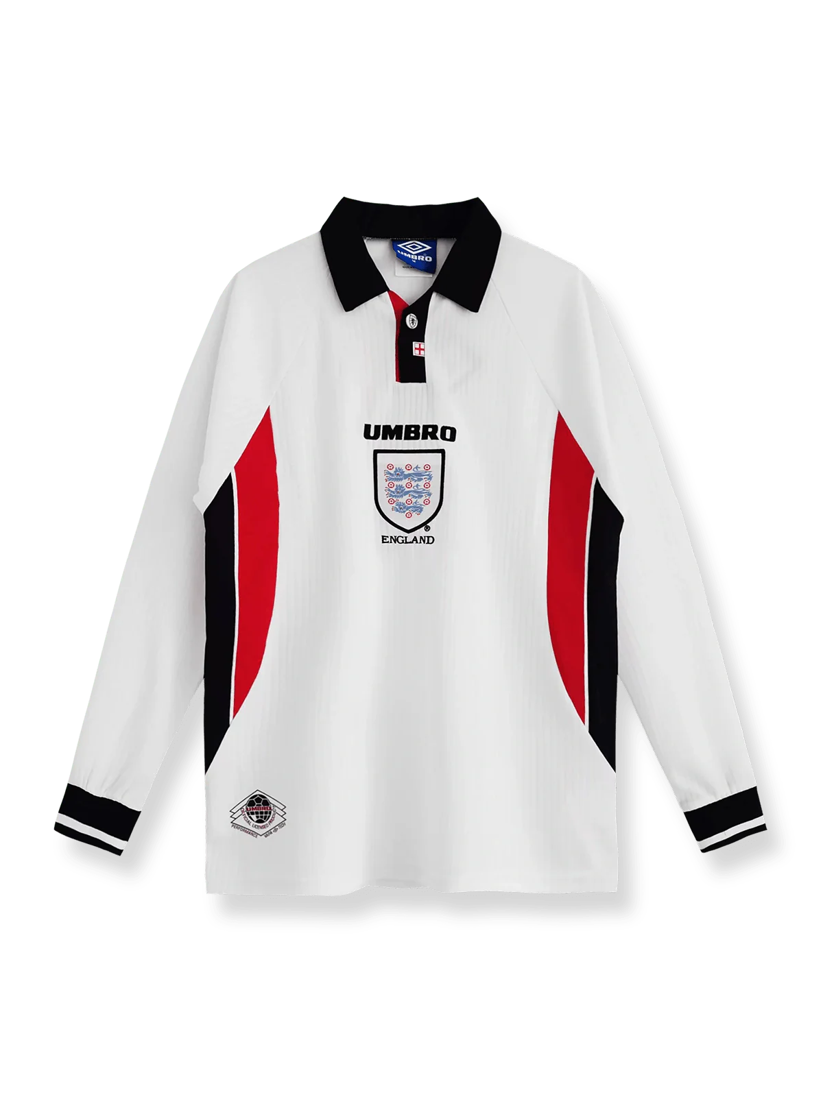 1998年イングランド代表ホーム長袖ユニフォーム 白地 赤アクセント クラシックエンブレム刺繍