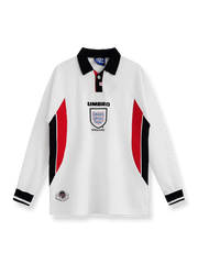1998年イングランド代表ホーム長袖ユニフォーム 白地 赤アクセント クラシックエンブレム刺繍