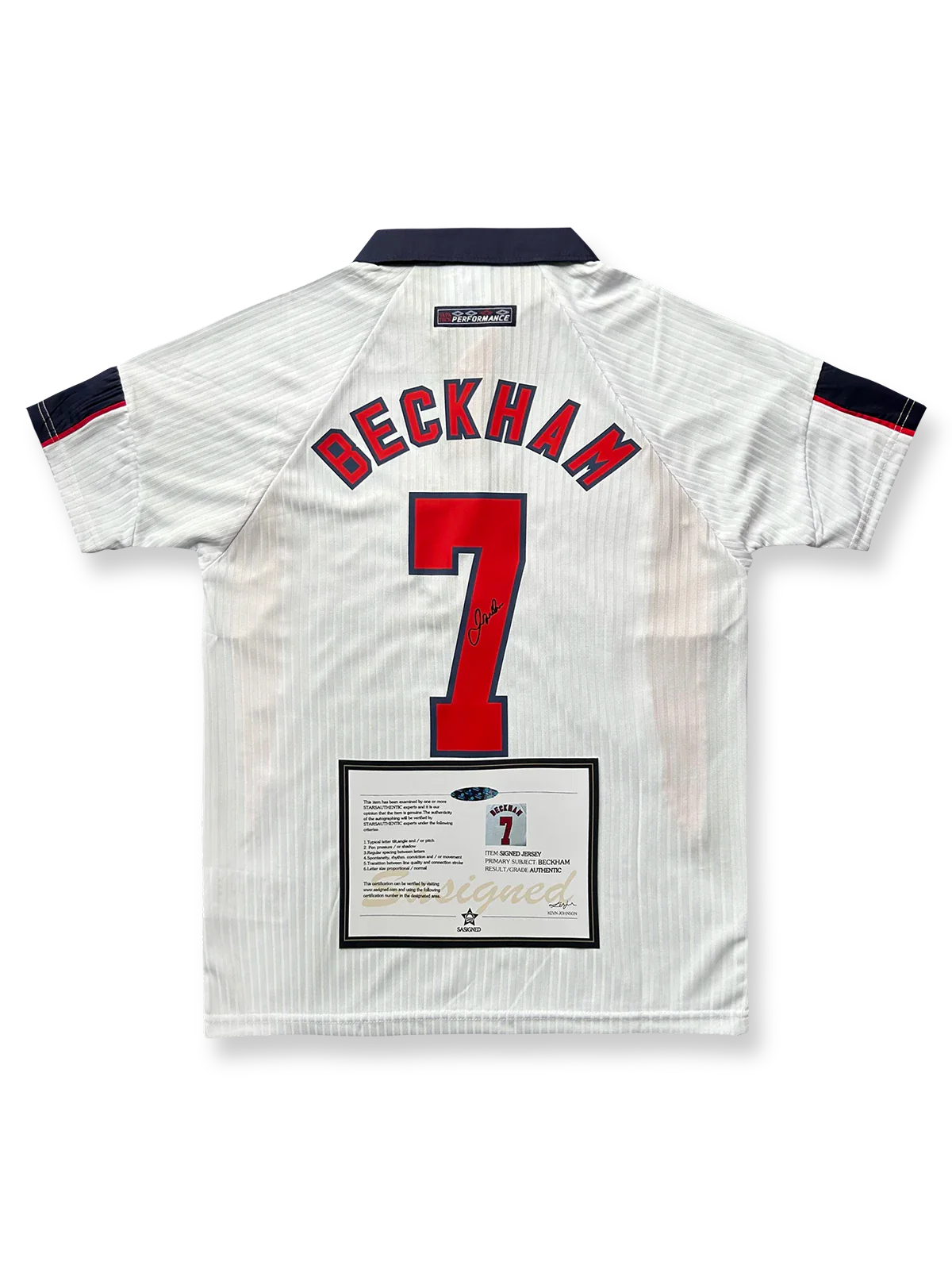 1998年 イングランド代表ホームユニフォーム、デイヴィッド・ベッカムサイン入り7番、国際試合公式用デザイン