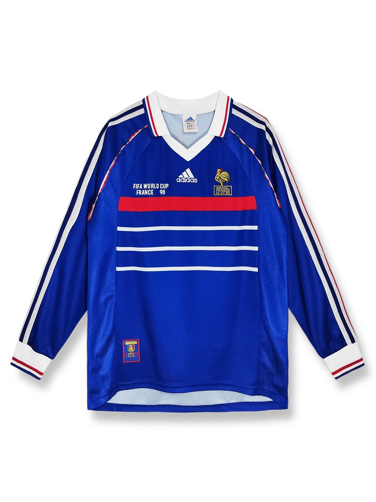 1998年フランス代表ホーム決勝長袖レトロユニフォーム 青 白赤アクセント フランス連盟エンブレム刺繍