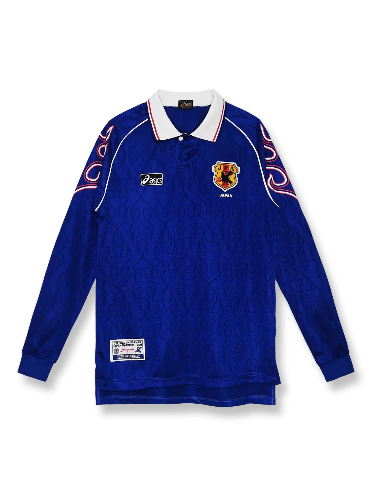 1998年日本代表ホーム長袖ユニフォーム 青地 白赤アクセント クラシックエンブレム刺繍