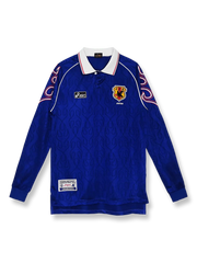 1998年日本代表ホーム長袖ユニフォーム 青地 白赤アクセント クラシックエンブレム刺繍