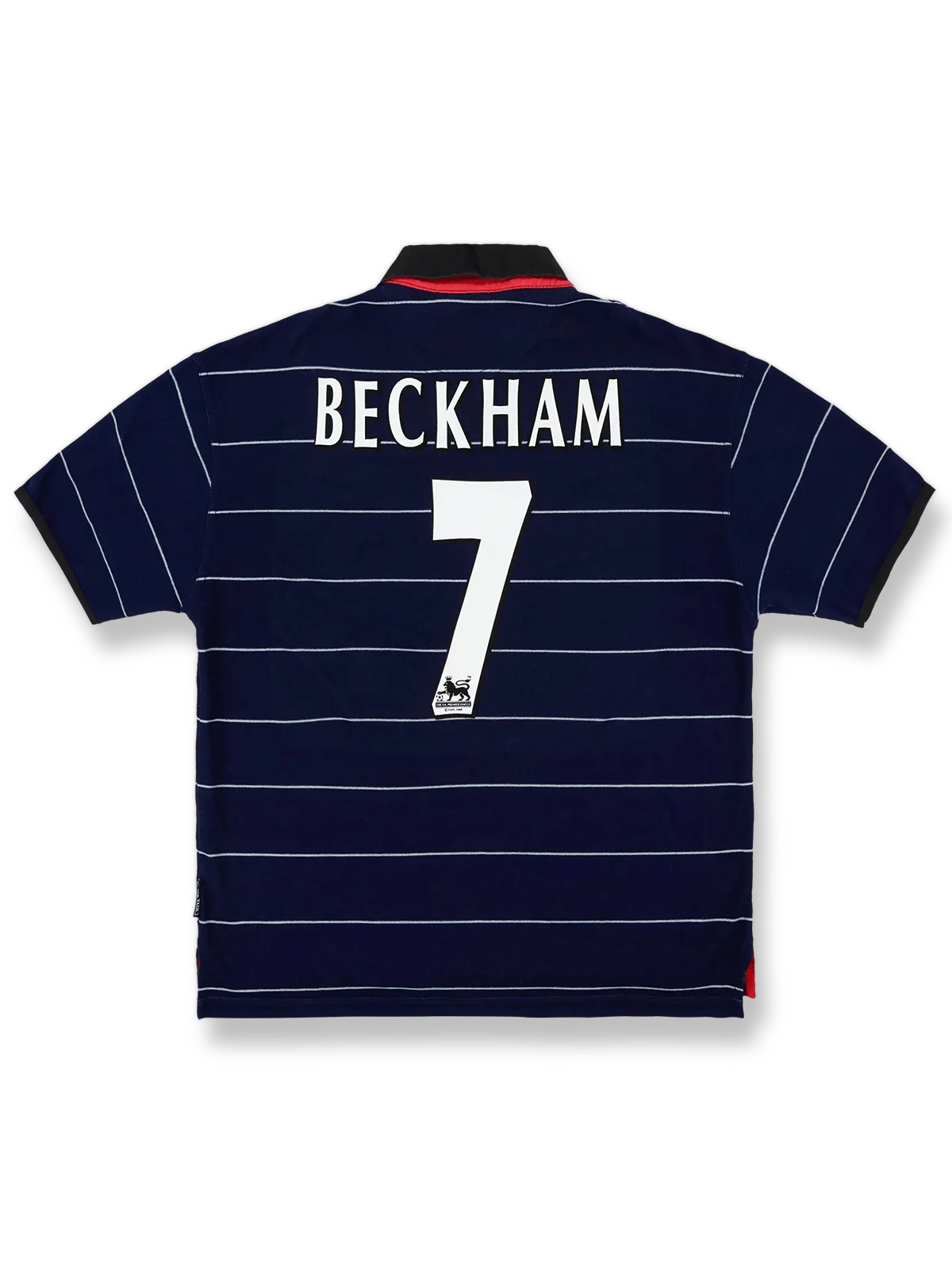 1999-00シーズンマンチェスター・ユナイテッドアウェイユニフォーム デイビッド・ベッカム #7 白 黒赤アクセント クラシックエンブレム刺繍