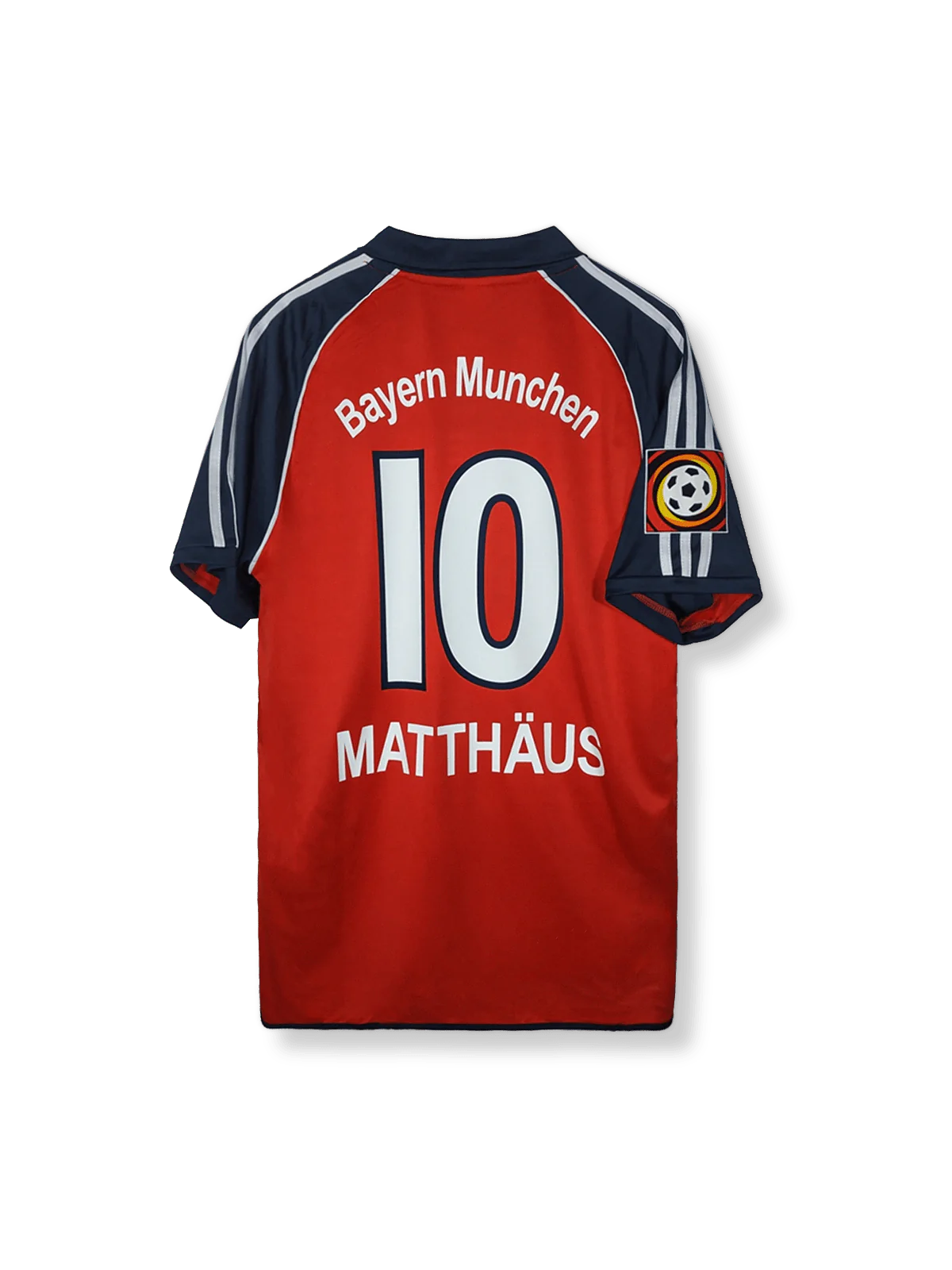 2000-01シーズンバイエルン・ミュンヘンホームユニフォーム ロタール・マテウス 背番号10 赤 白アクセント アディダス刺繍 クラブエンブレム付き