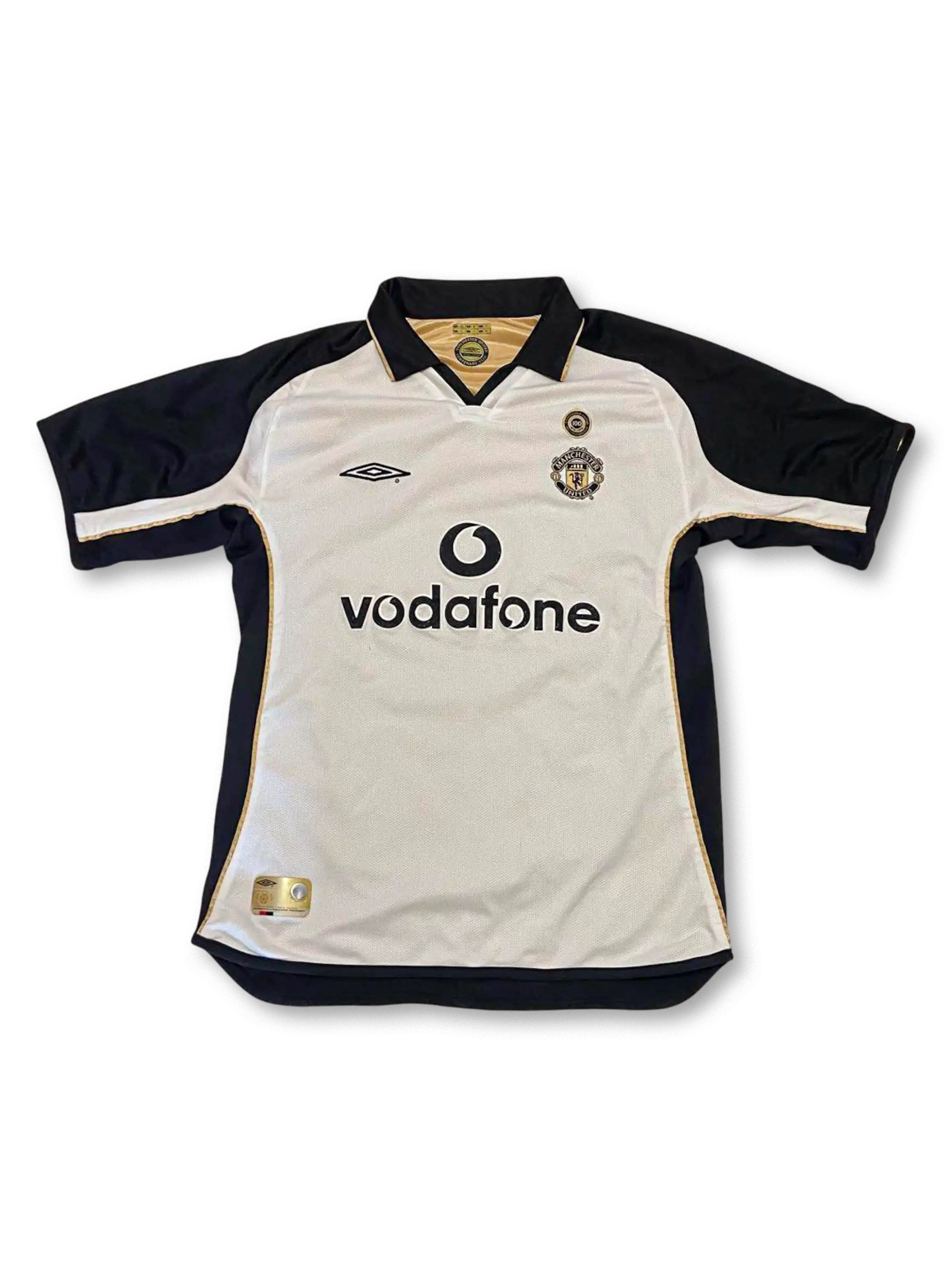 2002年マンチェスター・ユナイテッド100周年記念リバーシブルユニフォーム、白とゴールドの特別モデル