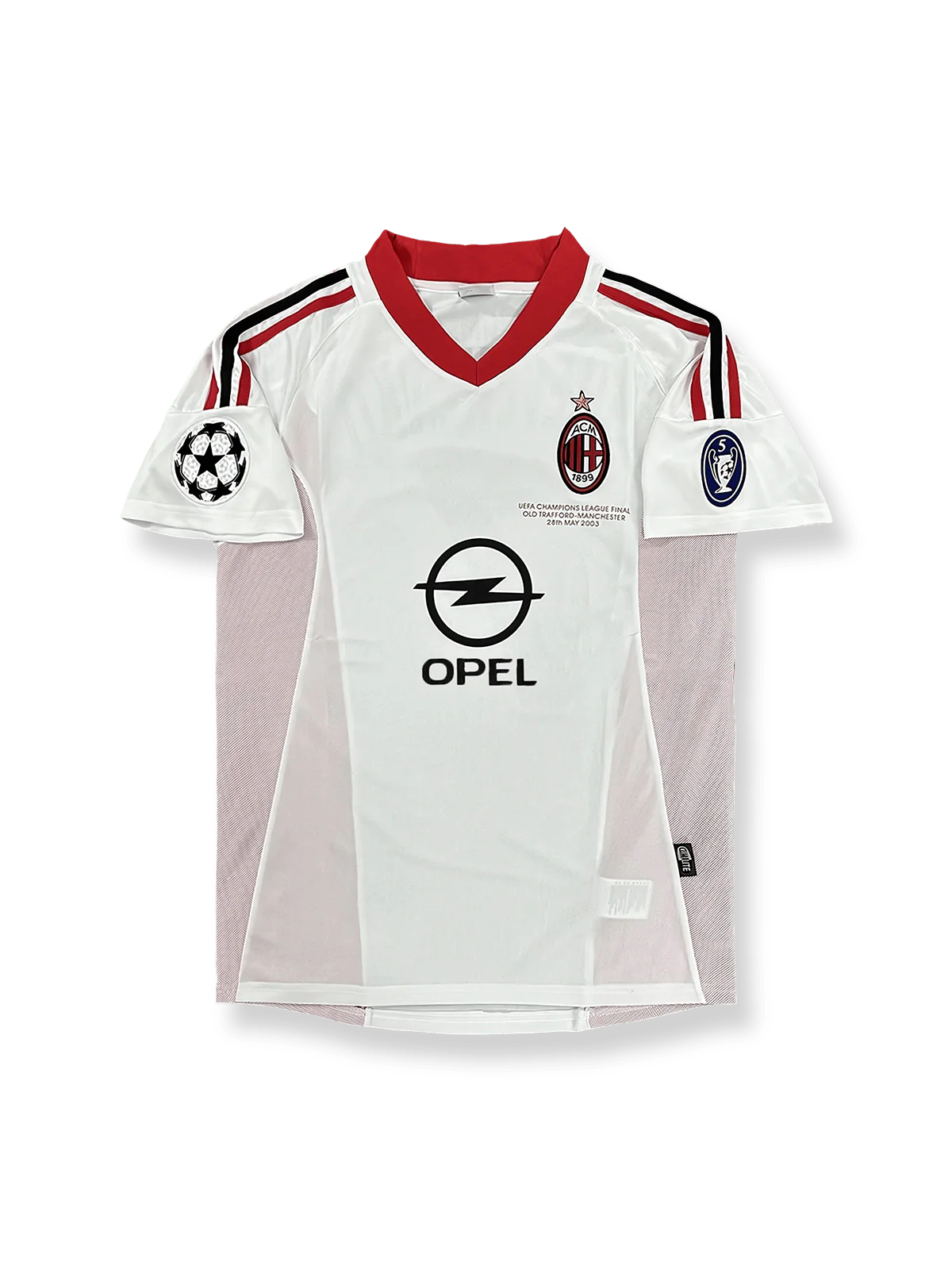 製品画像:2002/03シーズンのACミラン UEFAチャンピオンズリーグ版ユニフォーム全体の展示