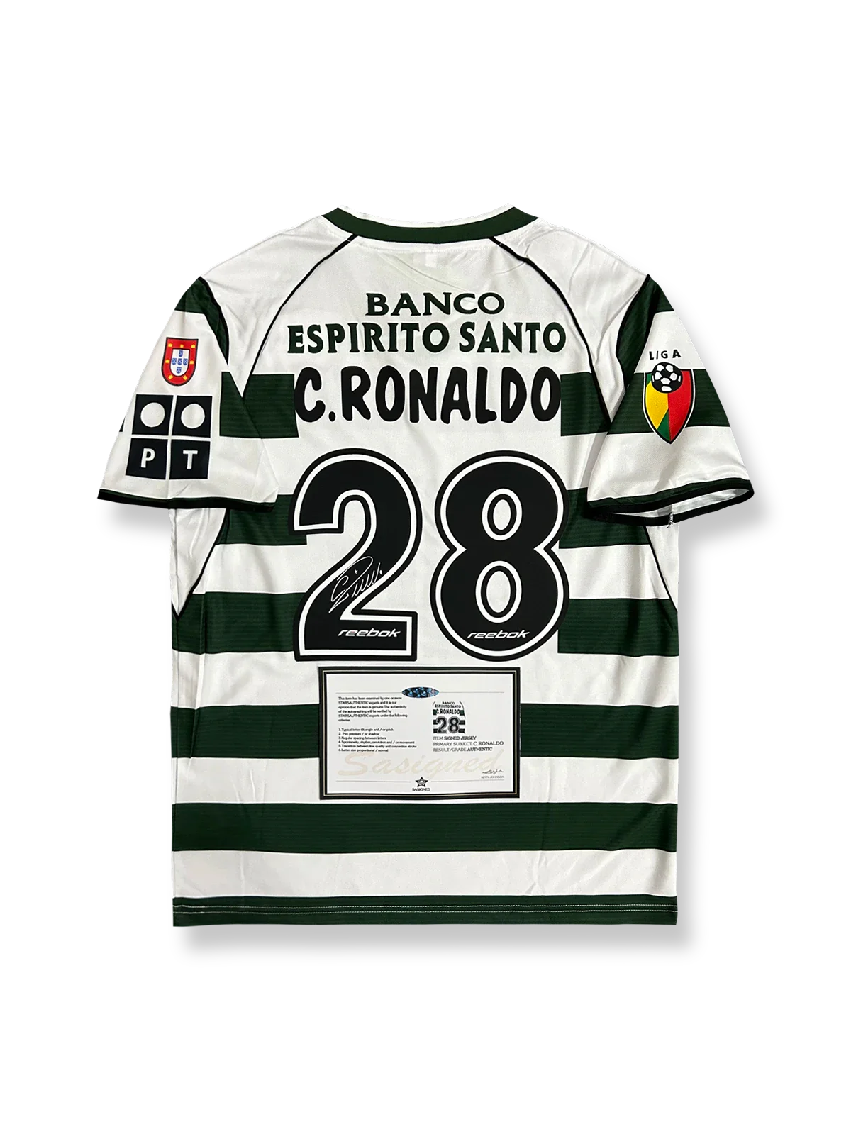 2002-03シーズン リスボン・スポルティングホームユニフォーム、クリスティアーノ・ロナウドサイン入り28番、ポルトガルリーグ公式試合用デザイン