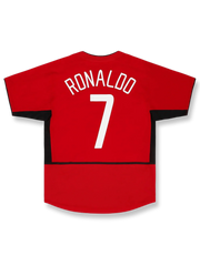 2002-04シーズンマンチェスター・ユナイテッドホームユニフォーム クリスティアーノ・ロナウド #7 赤 白黒アクセント ナイキ刺繍スウッシュ&クラブエンブレム付き