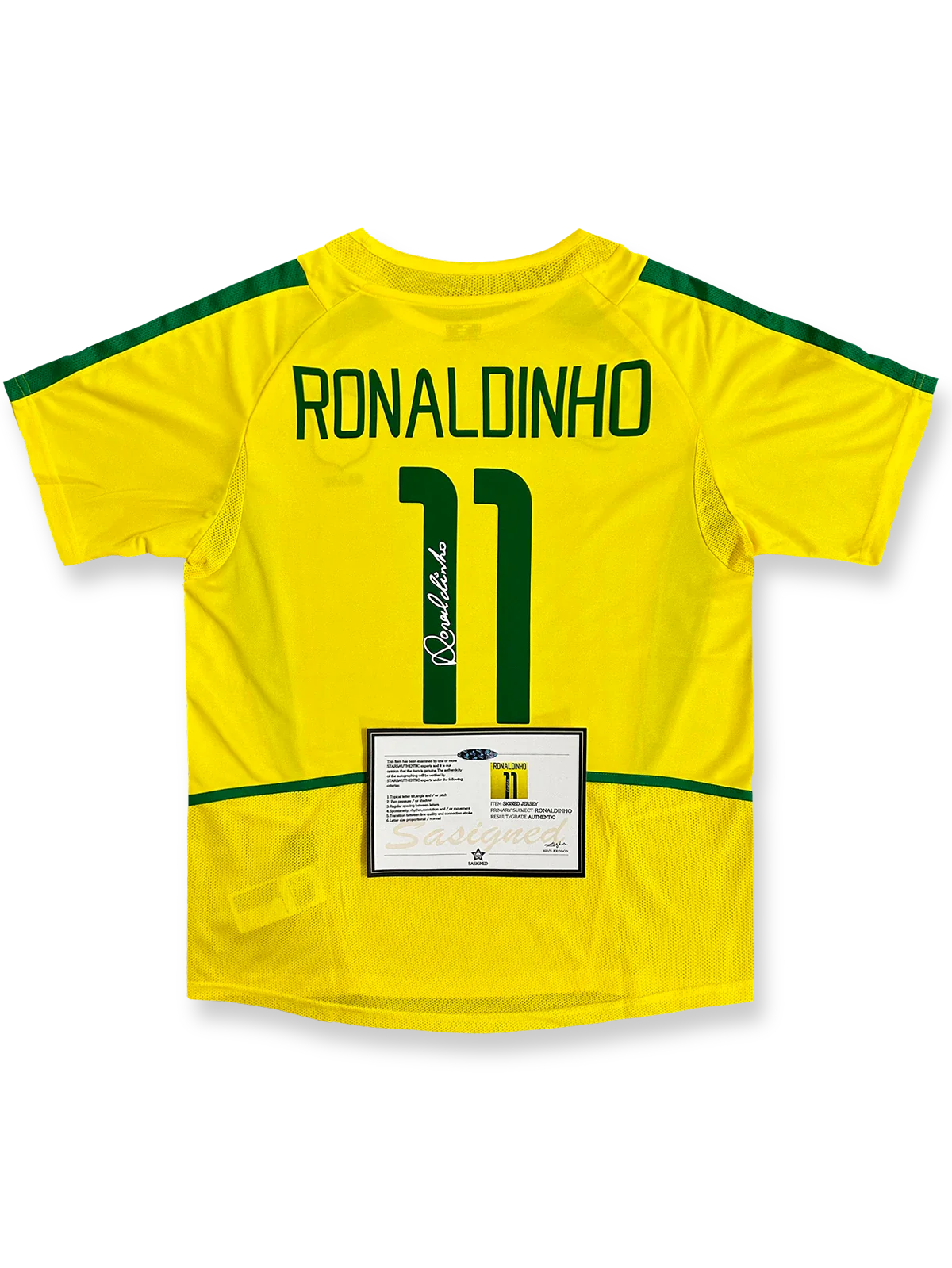 2002年 ブラジル代表ホームユニフォーム、ロナウジーニョサイン入り11番、ワールドカップ公式用デザイン