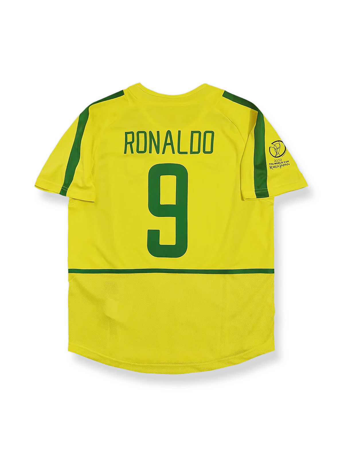 2002年ブラジル代表ワールドカップホームユニフォーム ロナウド #9 黄色 緑アクセント クラシックエンブレム刺繍
